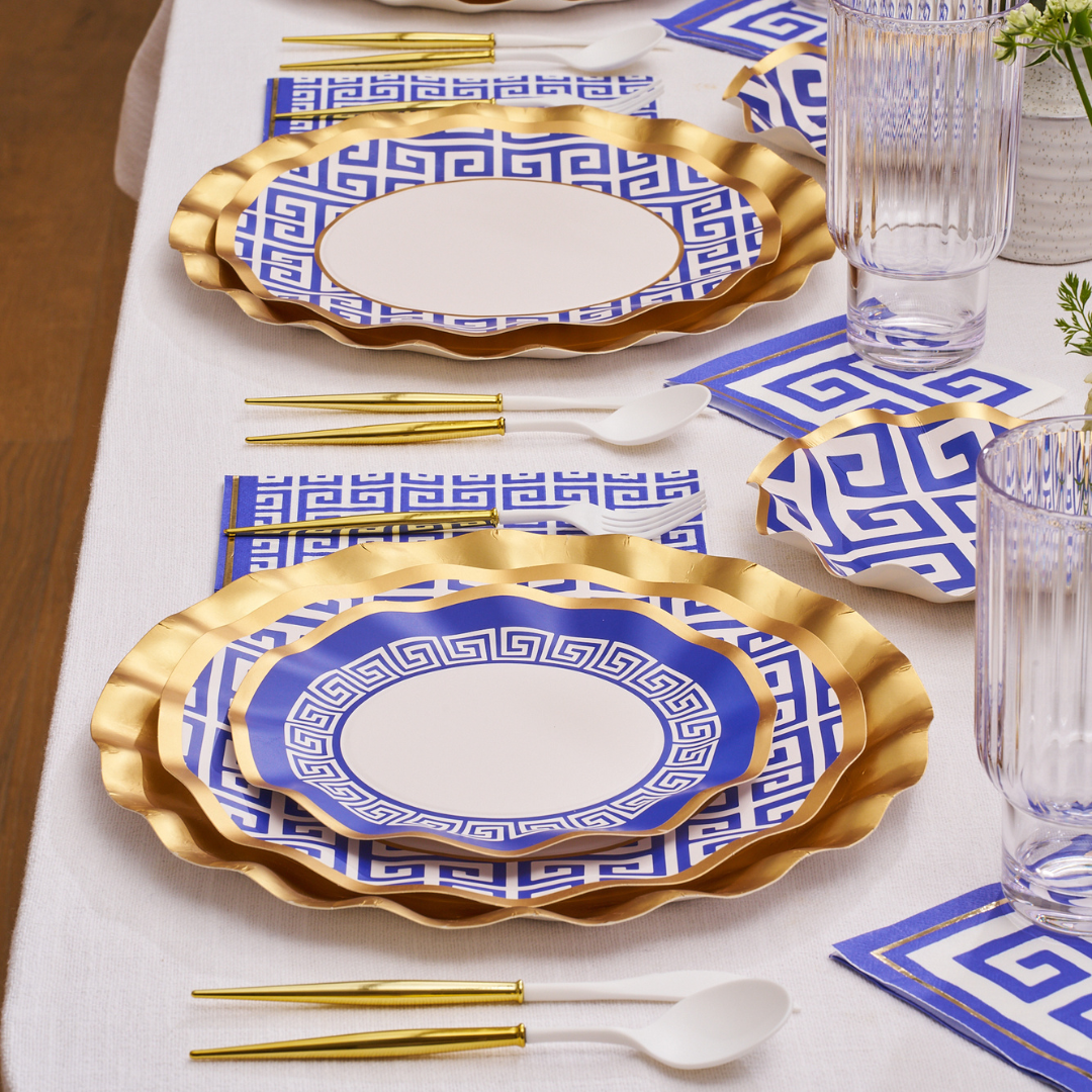 Greek Key Pattern Table Setting - Elegant Dinnerware Set for Formal Dining, Holiday Entertaining & Wedding Decor