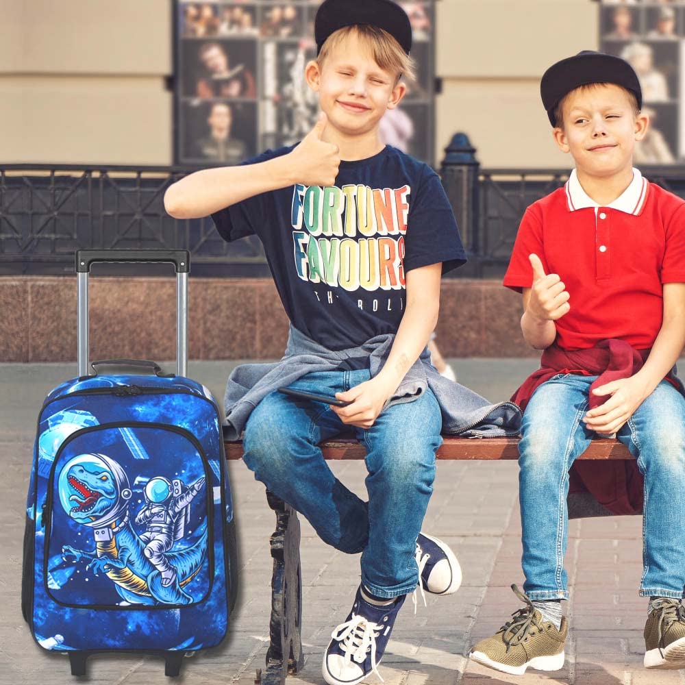Dinosaur Kids Suitcase with Wheels - Rolling Luggage for Boys & Girls, Travel Carry-On for Toddlers & Elementary School Children - Perfect for Airplane Trips, Road Trips & Sleepovers