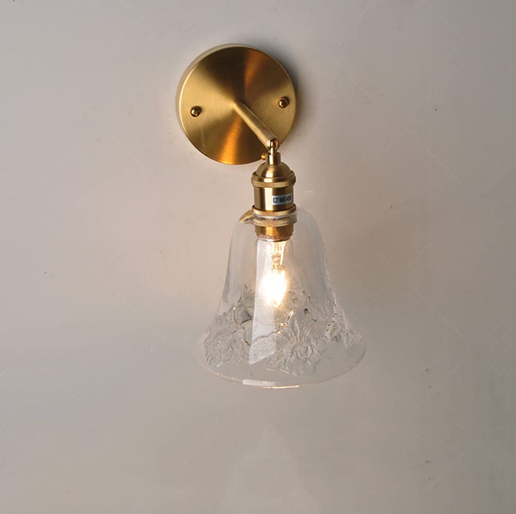 Vintage Gold Plug-in Wall Sconces with Clear Bell Glass Shade - Adjustable Cord Mid Century Modern Wall Lamp for Bedroom, Living Room & Hallway Lighting - Easy Installation Plug-in Fixture