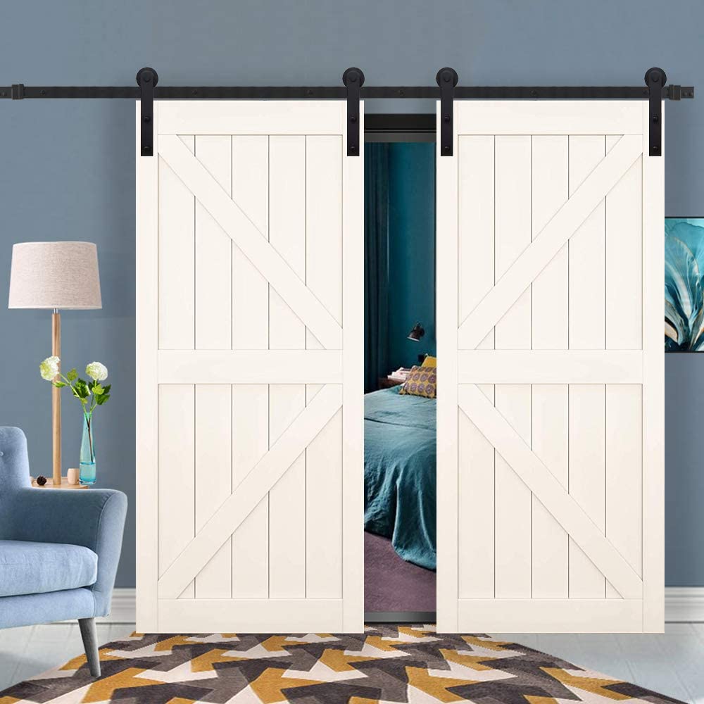 Hahaemall 5-14FT Sliding Barn Door Hardware Kit - Double Wooden Door Steel Track & Rolling Hanger System (10FT Double Door Kit) | Rustic Home Decor for Bedroom, Closet & Farmhouse Style Interior Design