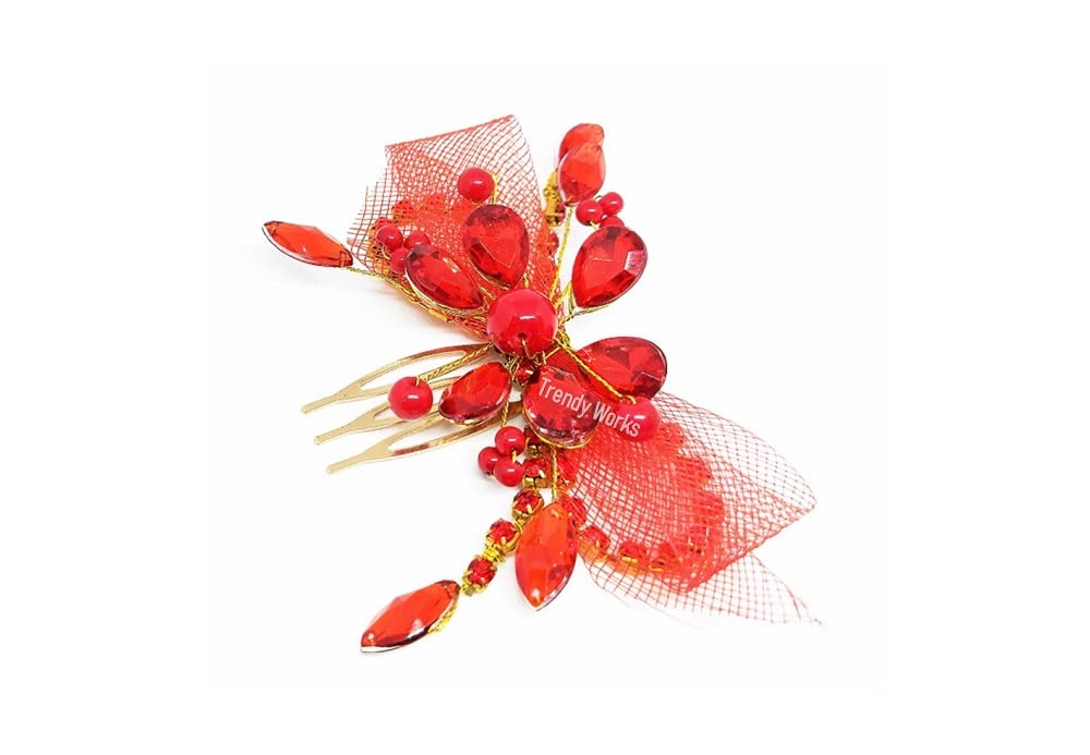 Trendy Rhinestone Hair Side Comb - Elegant Juda Comb Hair Clip for Women & Girls (Red) | Perfect for Weddings, Parties & Everyday Hairstyles