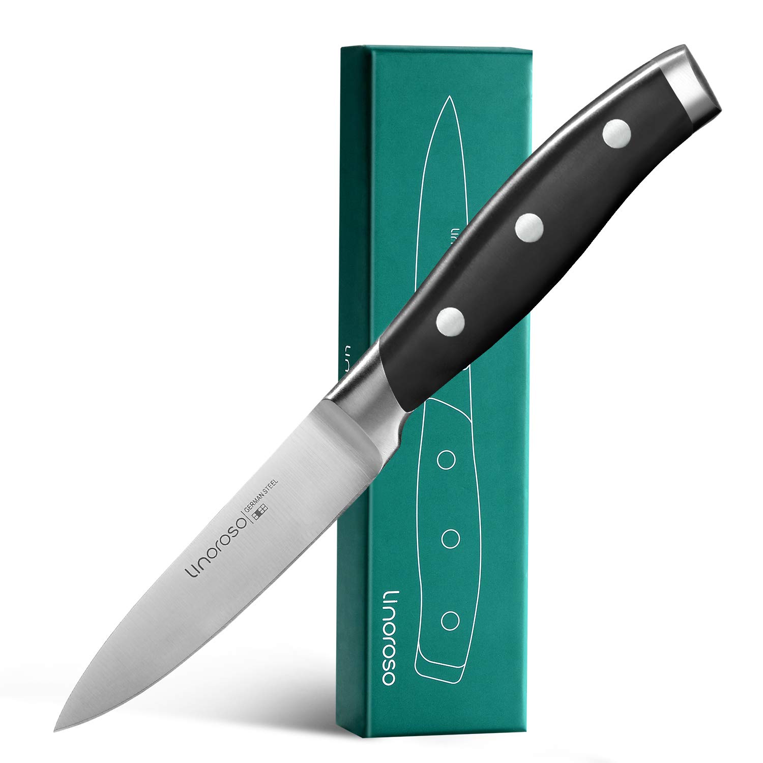 Linoroso 3.5 Inch Paring Knife - German Stainless Steel Fruit & Vegetable Knife with Full Tang & Ergonomic Handle - Sharp Kitchen Knife Set with Gift Box - Perfect for Peeling, Slicing Fruits & Precision Cooking Tasks