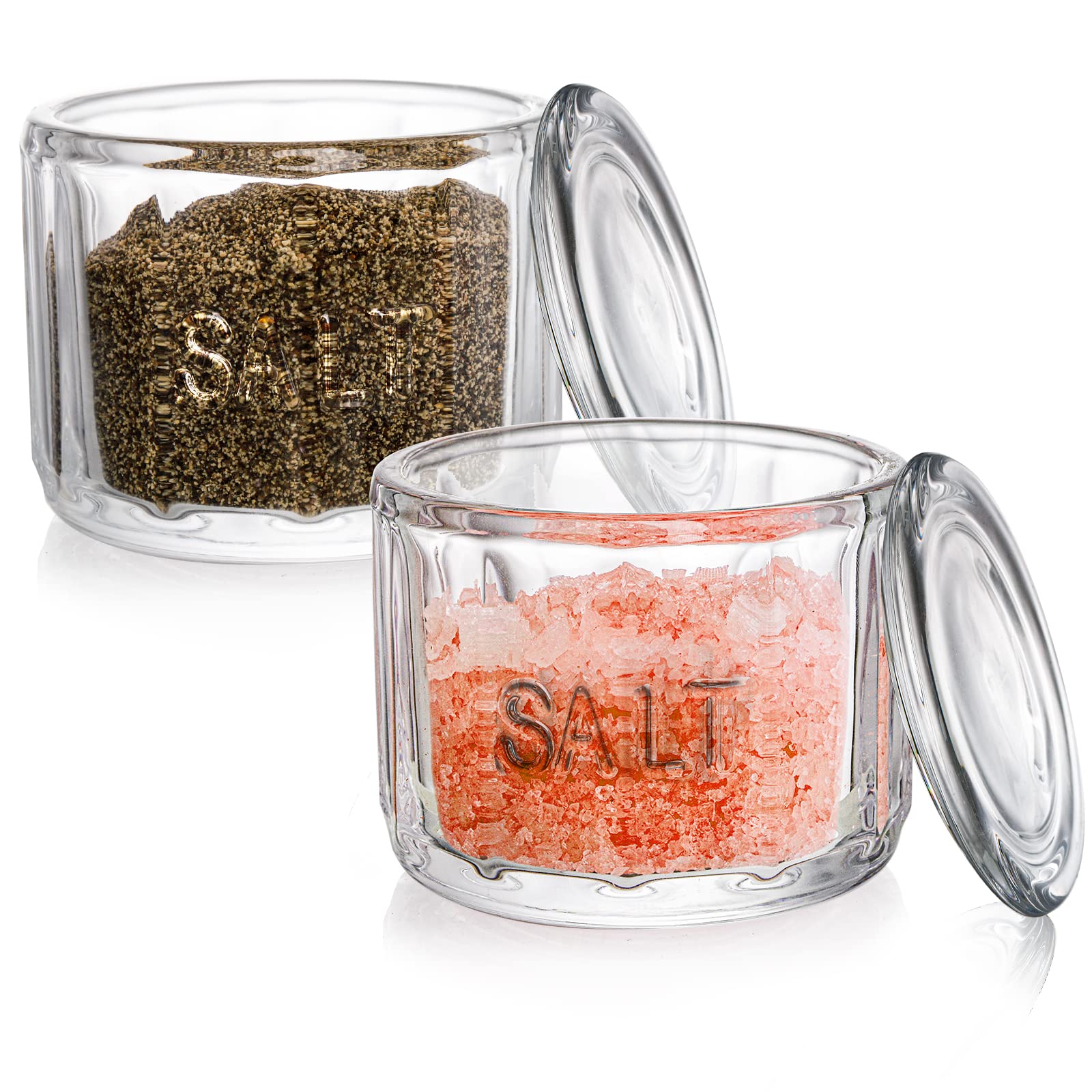 Nicunom 2 Pack Clear Glass Salt Cellar with Lid - Airtight Salt Storage Container, Retro Kitchen Decor, Perfect Wedding Gift (3.75