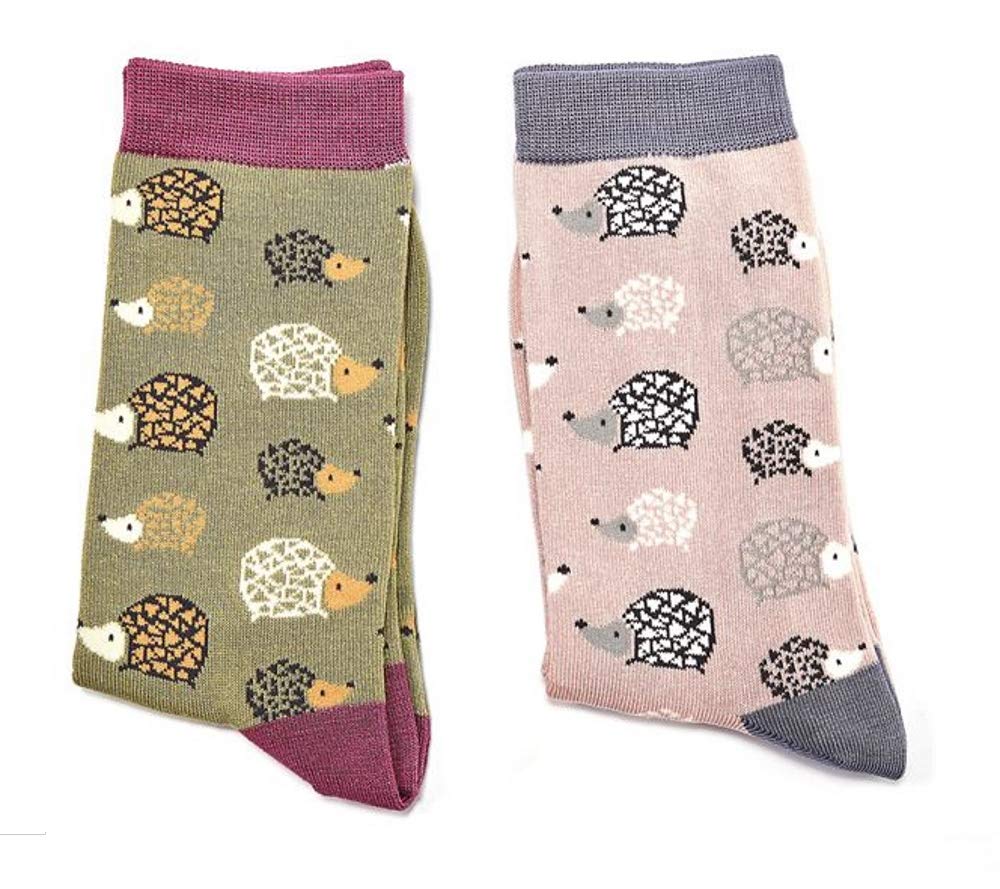 Cute Hedgehog Pattern Women's Socks - 2 Pairs Pack (Green & Pink) - Soft Comfortable Socks for Casual Wear, Gifts & Everyday Use