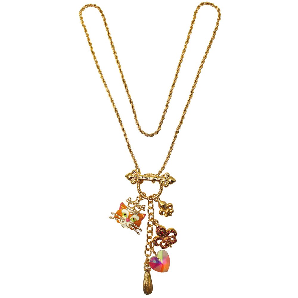 Princess Cat Multi Charm Toggle Necklace (Tabby/Gold Tone) - Elegant Cat Lover Jewelry for Women, Perfect Gift for Birthdays & Anniversaries