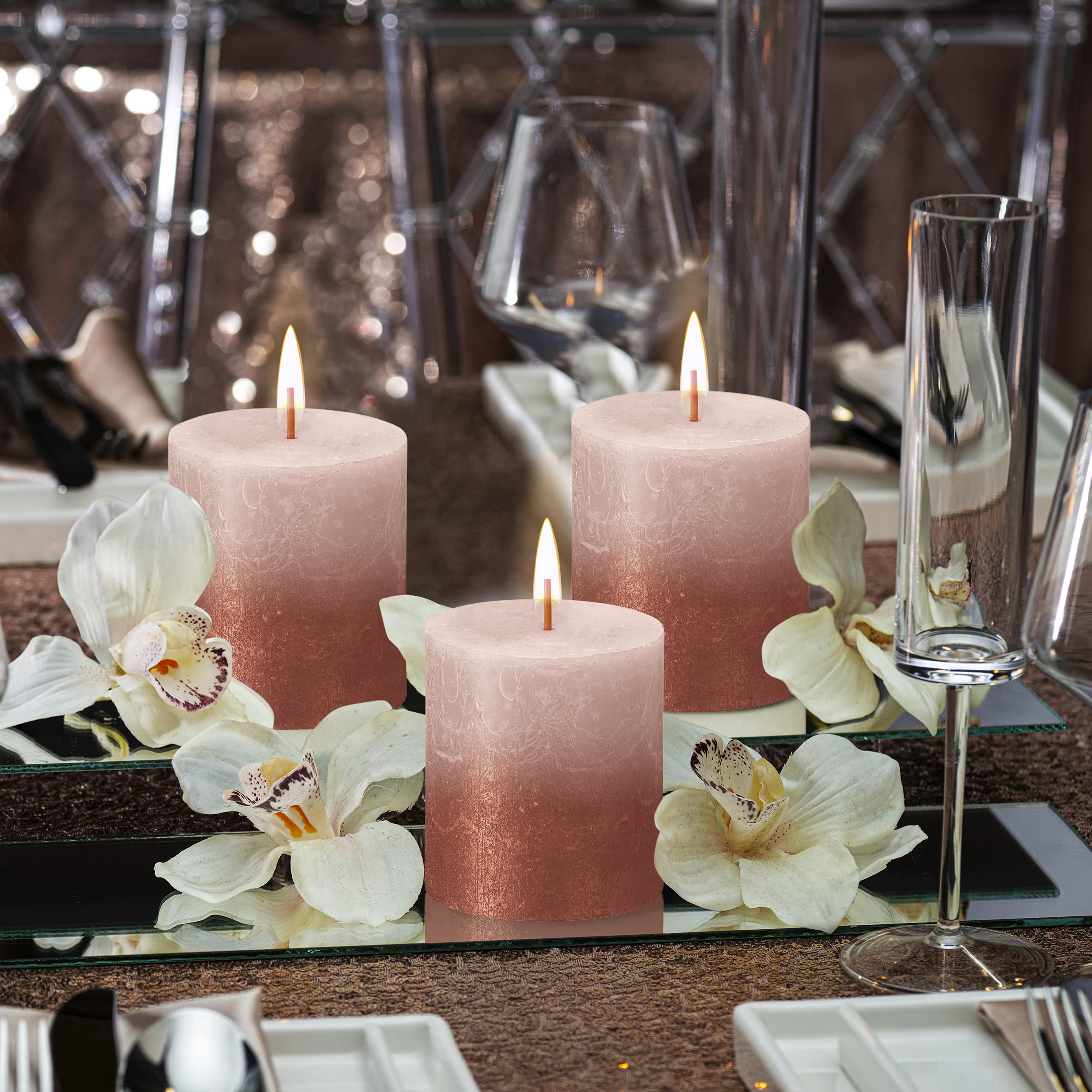 BOLSIUS 4 Pack Misty Pink & Amber Sunset Rustic Metallic Pillar Candles - 2.75