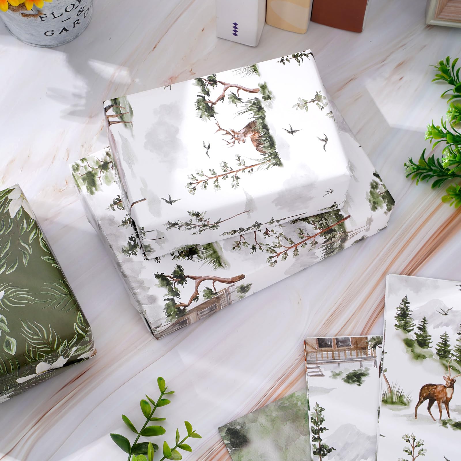 AnyDesign 12-Sheet Greenery Wrapping Paper Set - Forest, Reindeer & Floral Patterns - 19.7 x 27.6 Inch Bulk Gift Wrap for Christmas, Birthday, Party Decorations - Eco-Friendly Art Paper for DIY Crafts & Present Wrapping