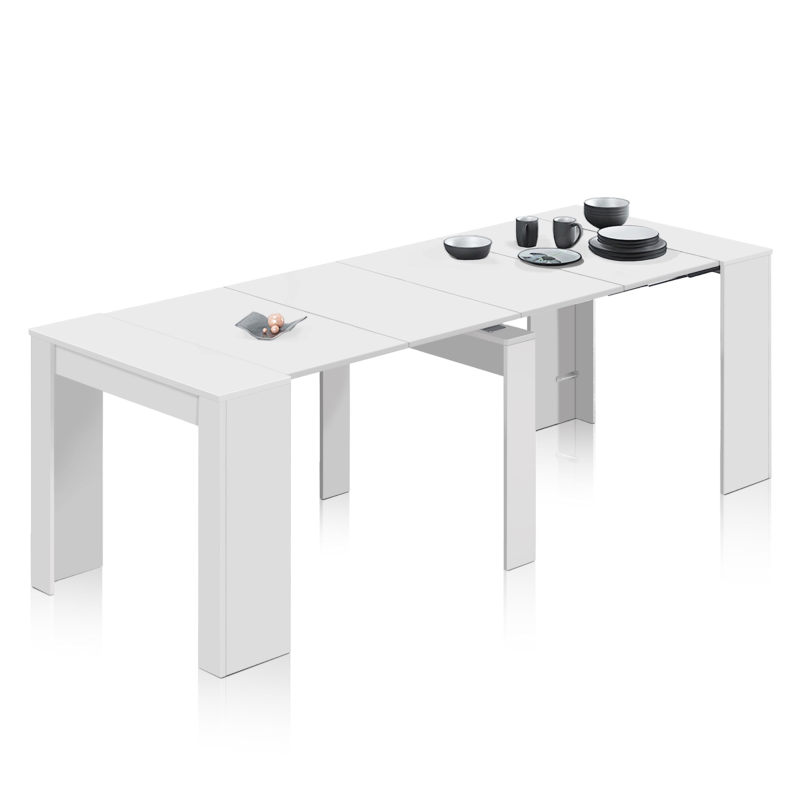 Habitdesign White Gloss Finish Extendable Dining Table, Console Table, Living Room Table, Entryway or Kitchen Table - 50-235