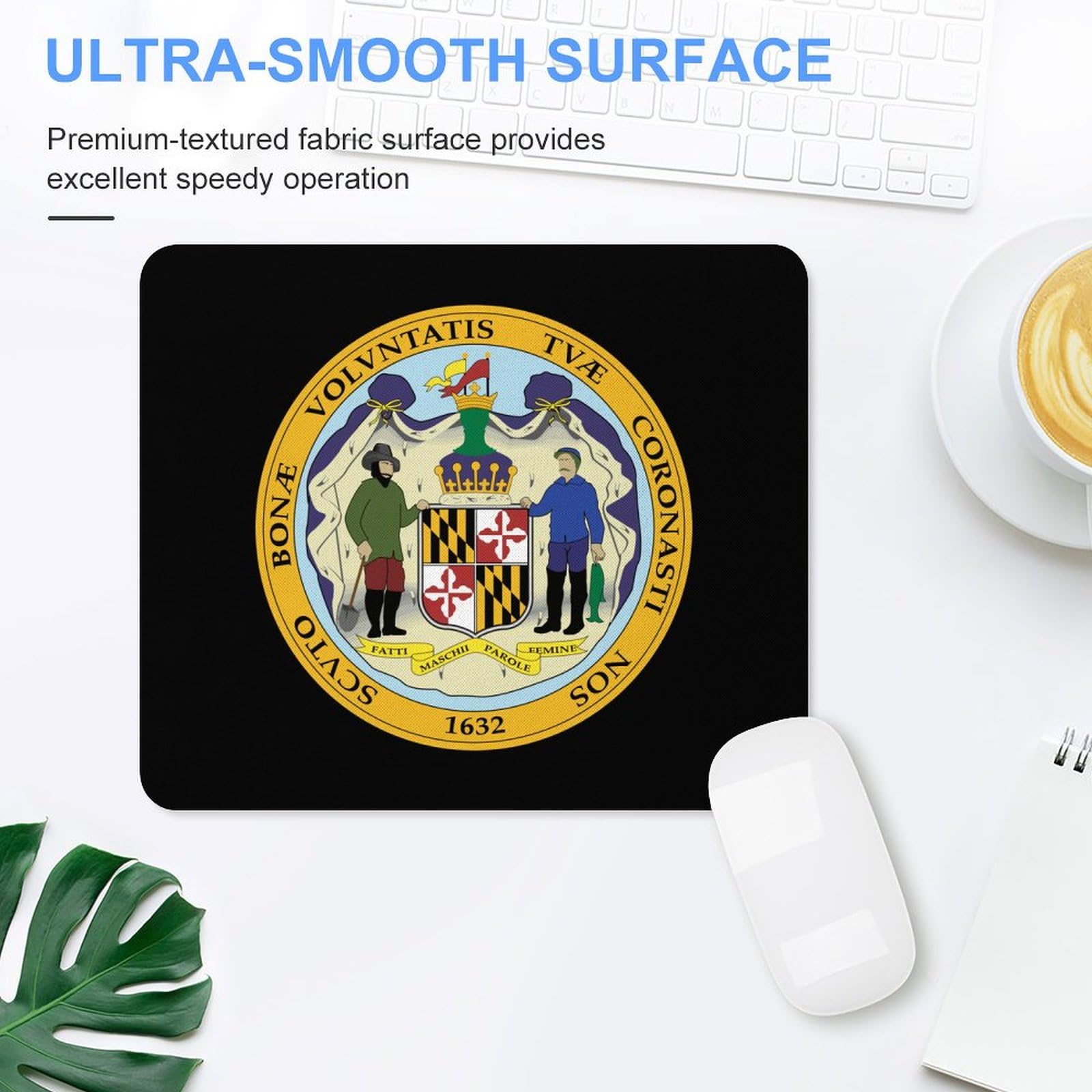 Maryland State Seal Non-Slip Square Mouse Pad - Durable Computer Mouse Mat for Laptop, Home, Office, and Gaming Use