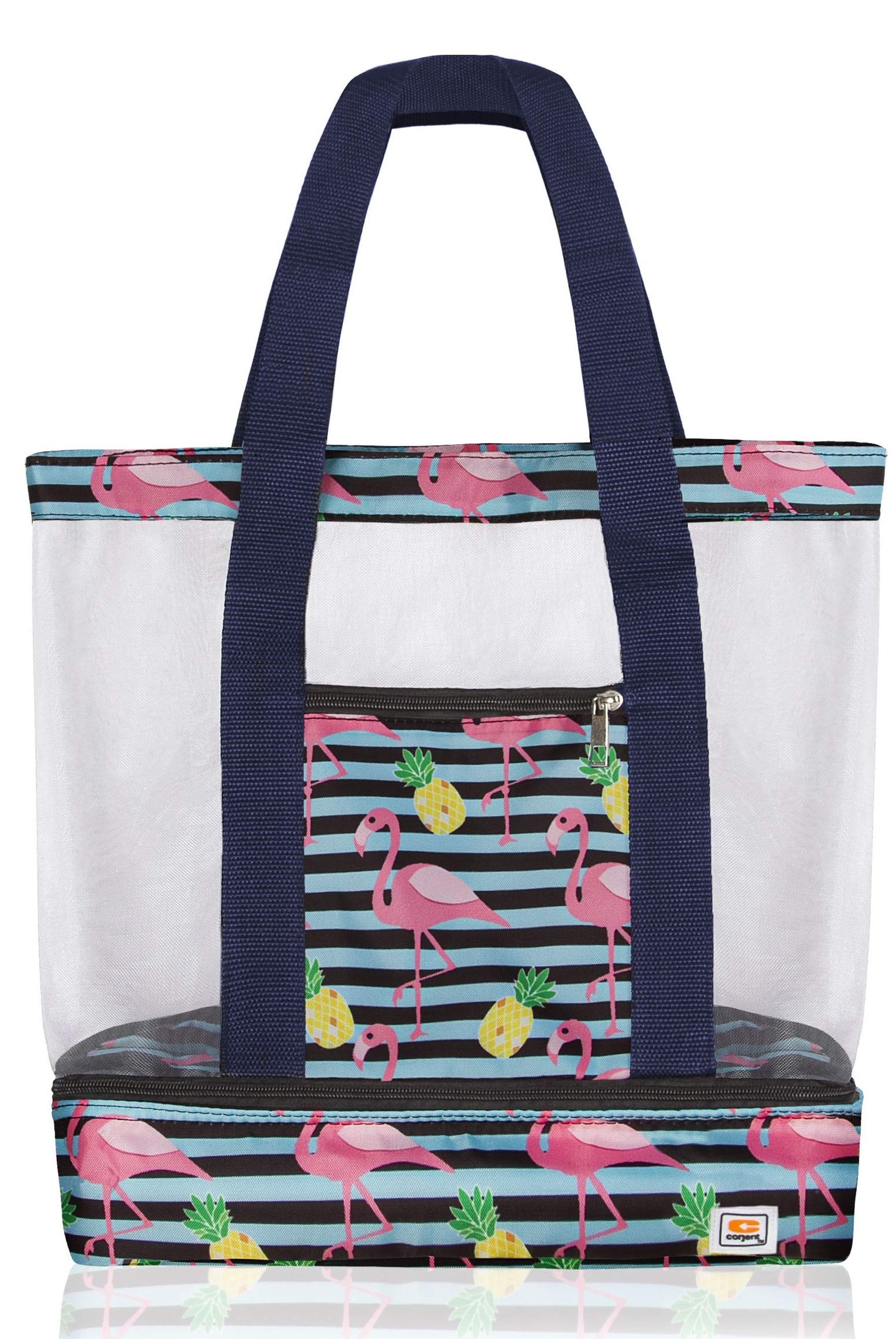 Stylish Insulated Beach Tote Bag with Mesh Top & Cooler Compartment - Pineapple & Flamingo Print for Summer Outings, Picnics, Pool Parties and Vacation Essentials