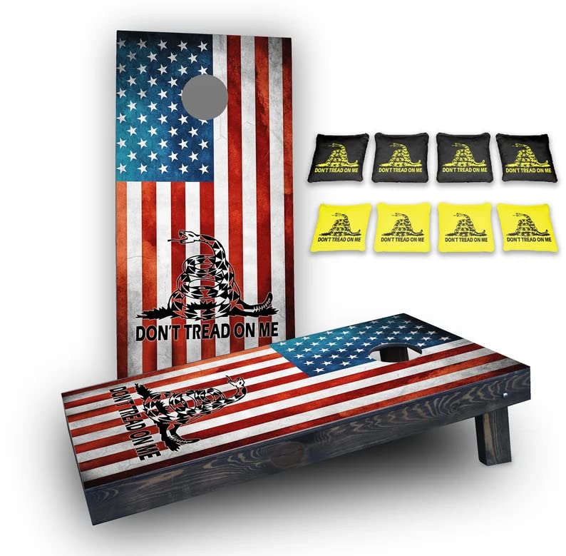 Custom Cornhole Board Set with Don't Tread On Me American Flag Design - Premium Outdoor Bean Bag Toss Game for Backyard, Beach, Tailgating & Parties (White Finish)