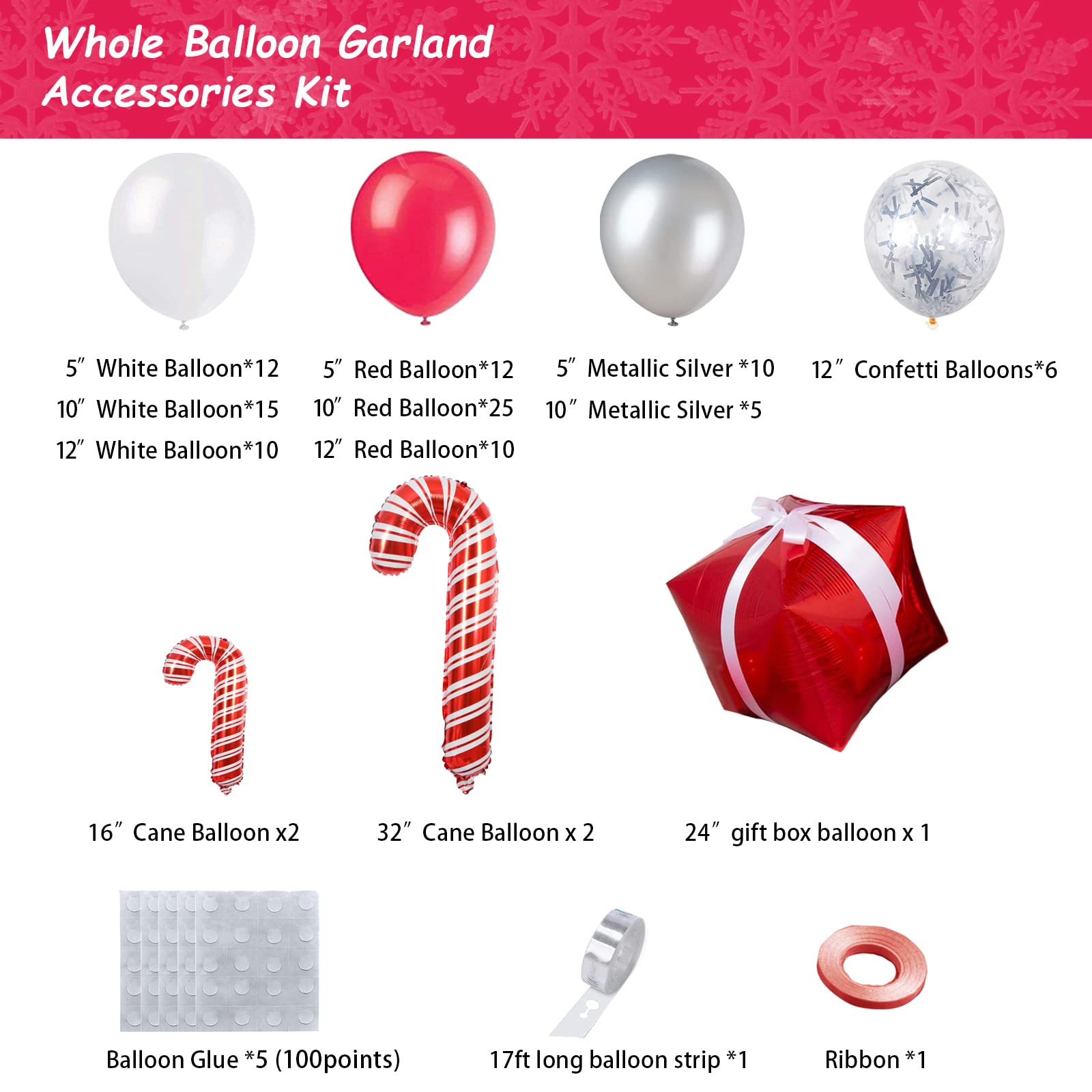 Bonropin Christmas Balloon Garland Arch Kit - Red White Silver Candy Cane Balloons & Gift Box for Xmas Party Decorations | Holiday Home Decor, Christmas Tree Decoration, Festive Party Backdrop