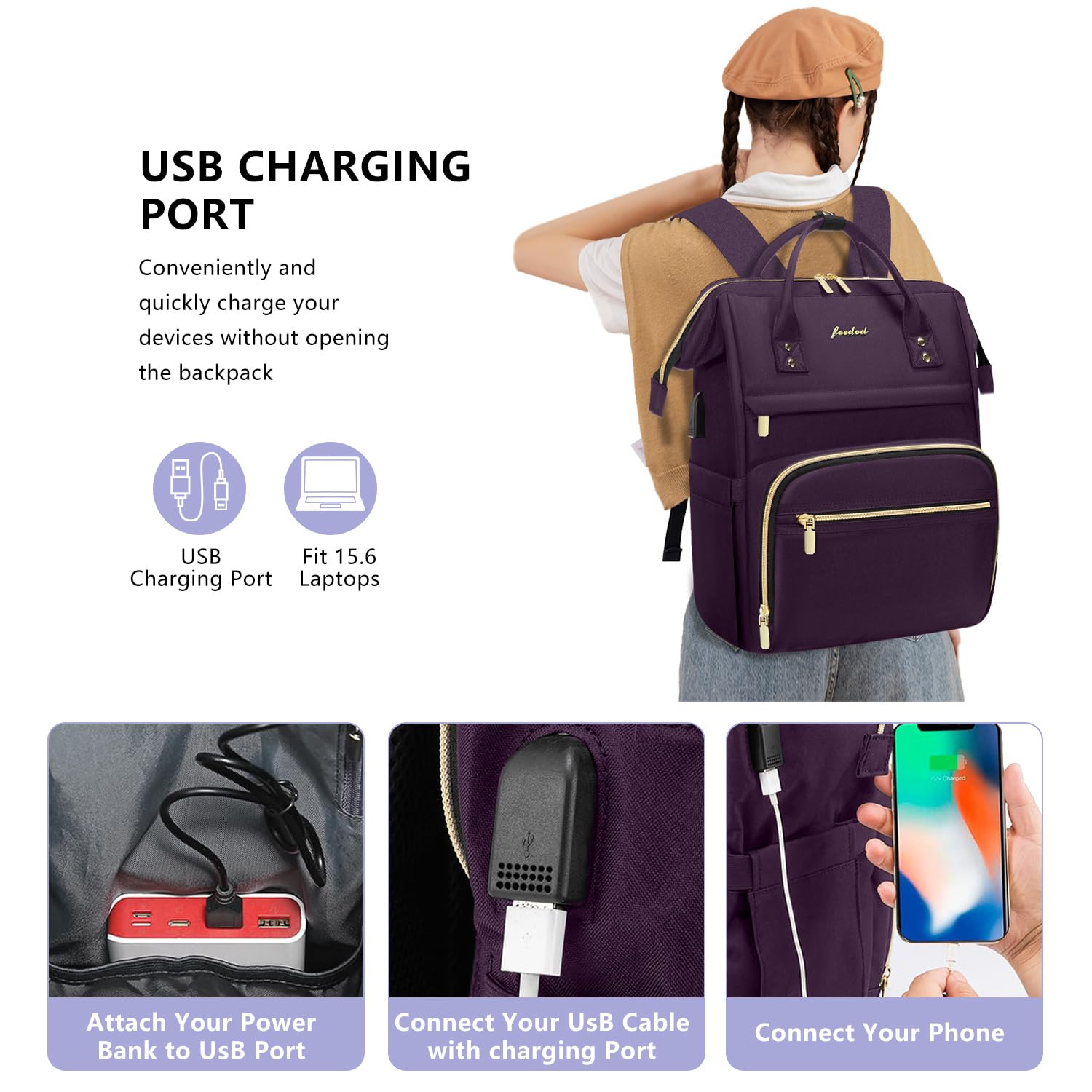 Stylish Dark Purple 15.6 Inch Waterproof Laptop Backpack for Women - Professional Work Bag with USB Port, Ideal for Travel, Nursing, Teaching, and Daily Commute