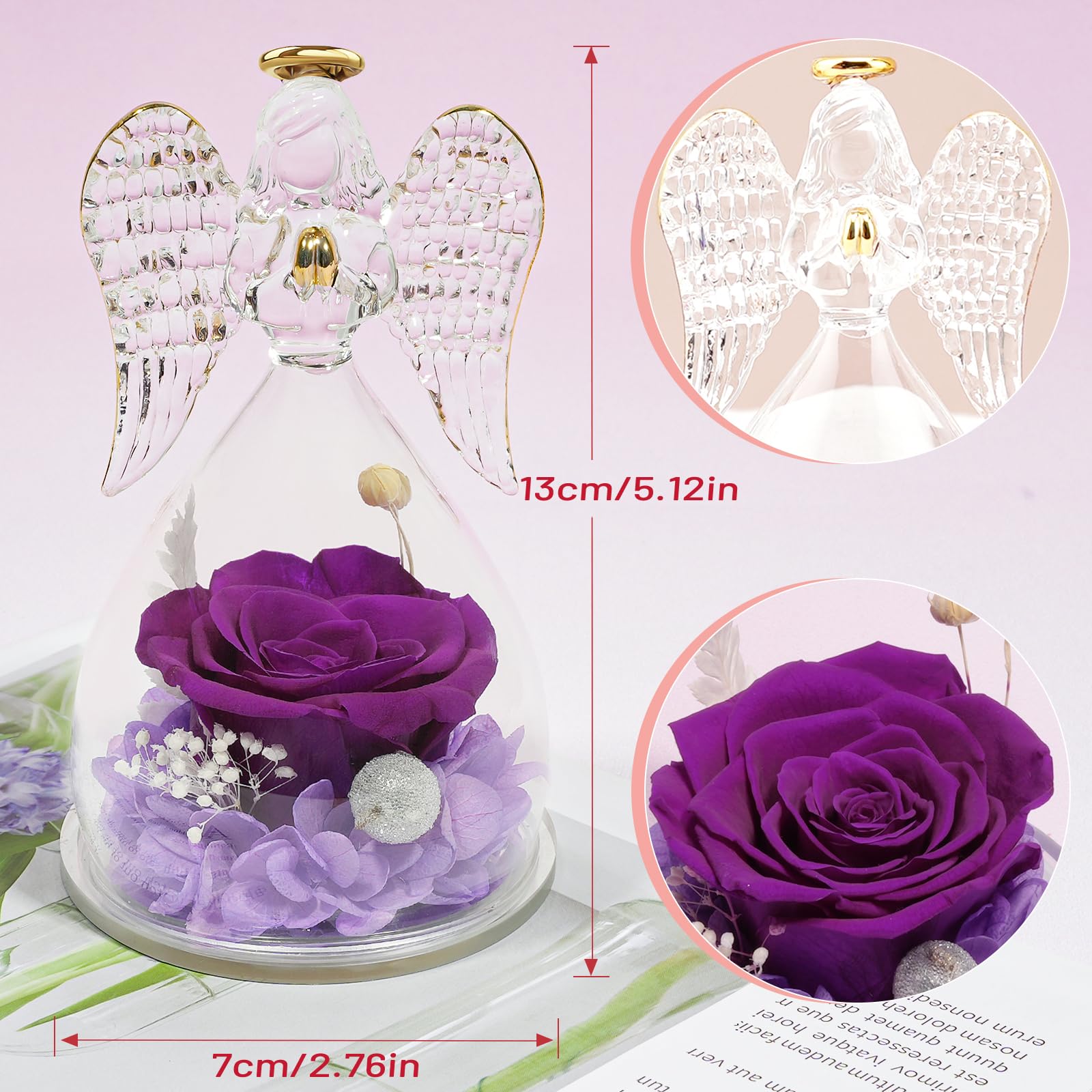 Preserved Real Rose in Glass Dome with Angel Figurine - Eternal Flower Gift for Mom, Grandma, Wife | Birthday, Mother's Day, Christmas, Anniversary, Thanksgiving Present | Home Decor, Wedding Centerpiece, Romantic Keepsake