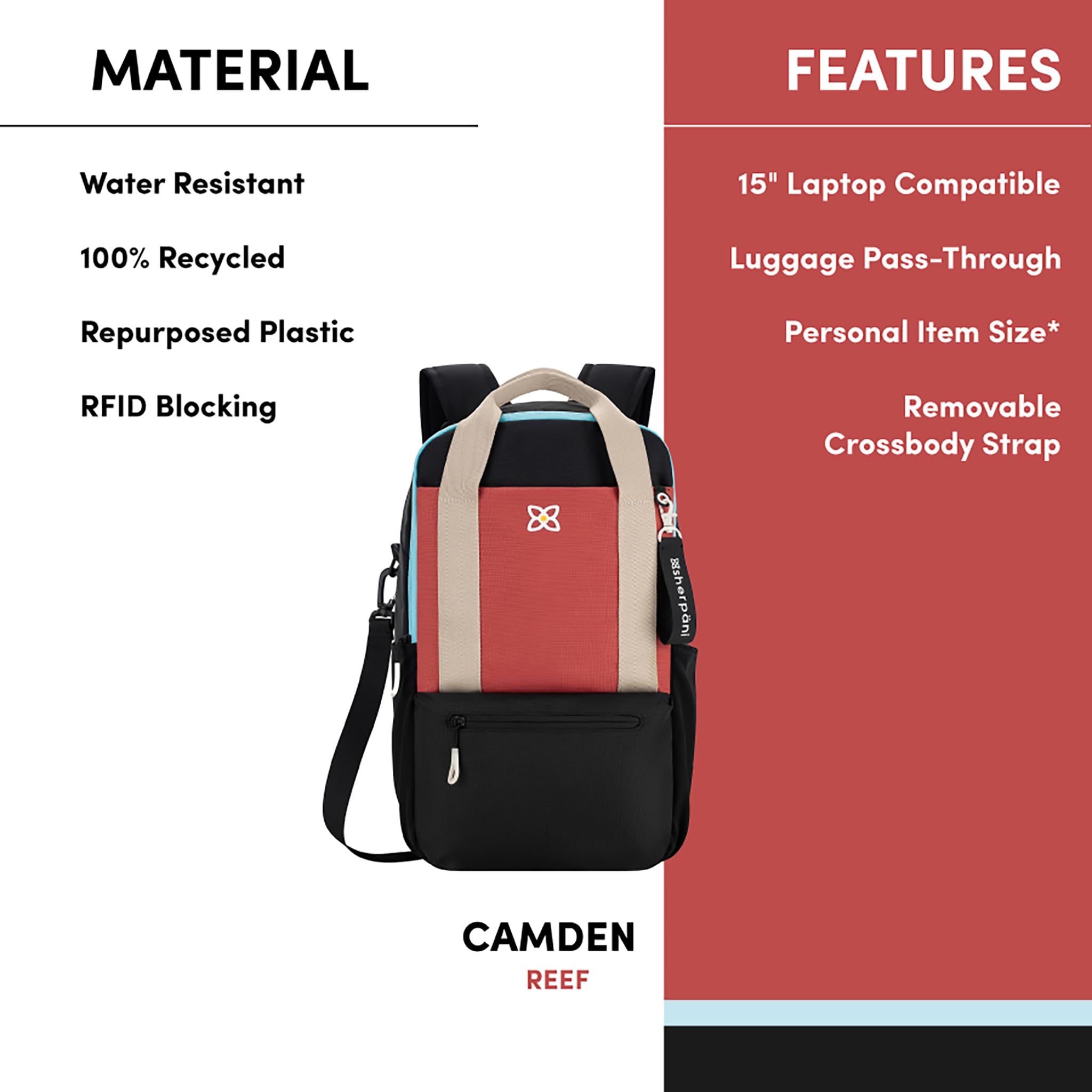Sherpani Camden Convertible Backpack Tote for Women - Recycled Nylon Travel Backpack Purse with Laptop Compartment Fits 15
