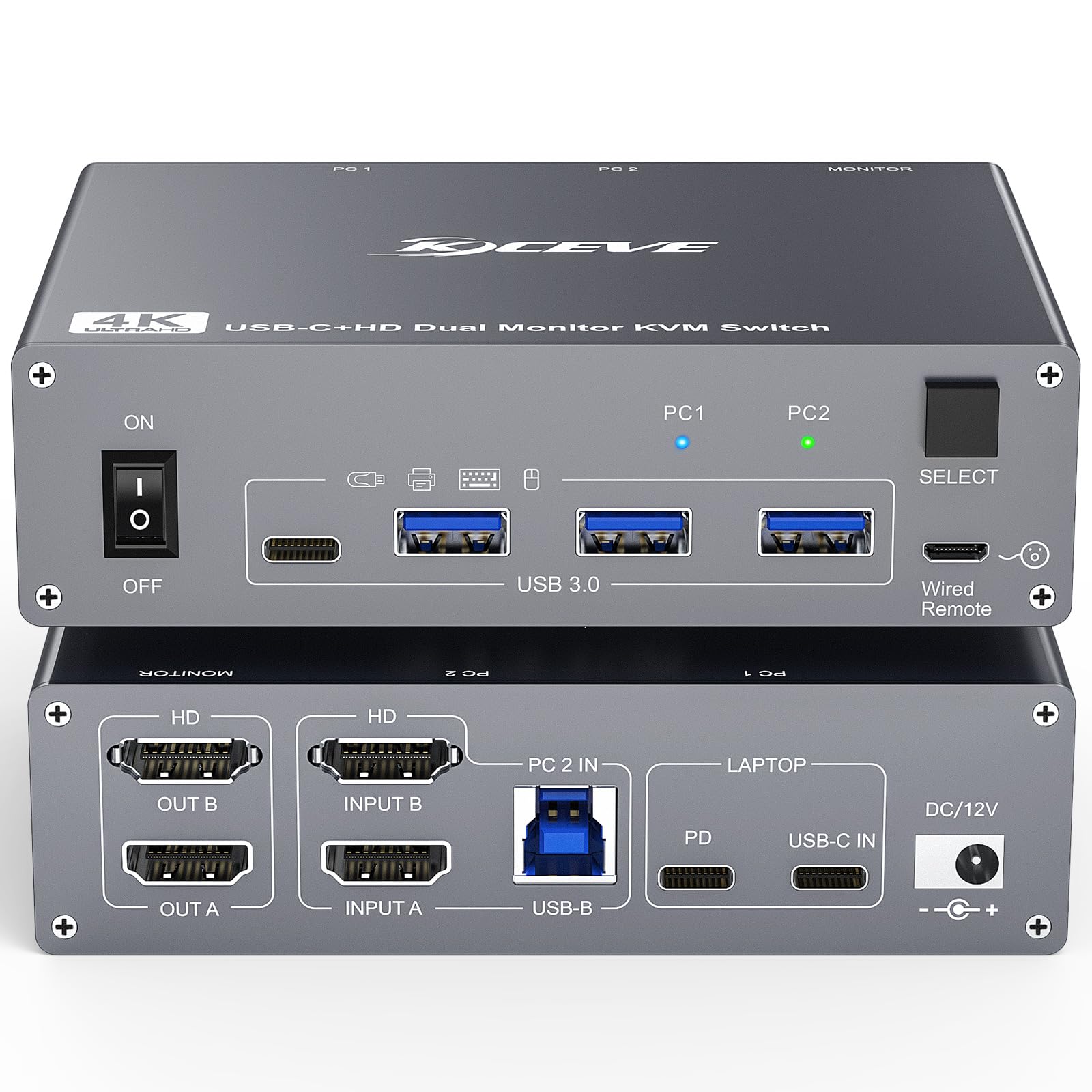 4K@60Hz USB C KVM Switch - Dual Monitor HDMI KVM for 1 PC & 1 Laptop, Share 2 Monitors & 4 USB 3.0 Devices with 100W PD Charging | Includes Wired Remote & USB Cables | Perfect for Home Office & Multi-Device Workstations