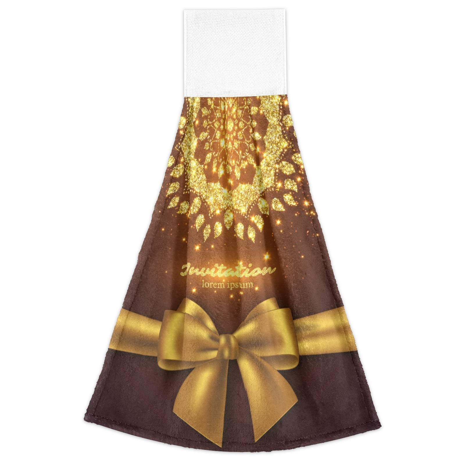 Glitter Mandala Hanging Kitchen Towels - 2 Pack Gold Bow Design, Soft Coral Velvet Hand Towels with Loops for Bathroom & Kitchen | Absorbent Washcloths for Home Decor, Gift Giving & Daily Use