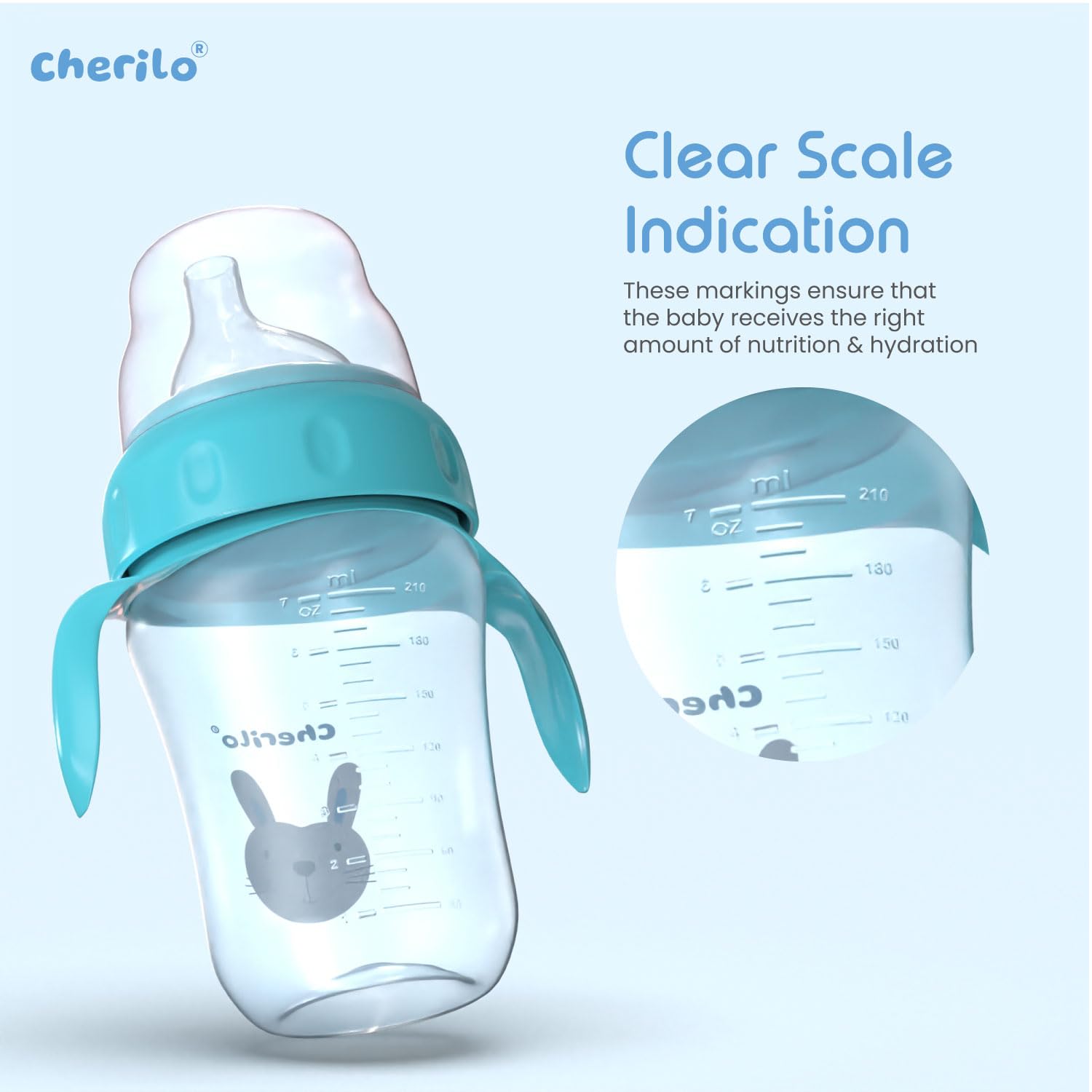 Cherilo Little Bunny Baby Sippy Cup - Leak Proof Training Cup for 6-12 Month Olds - Soft Silicone Spout & Straw with Handles - BPA Free Non-Toxic Baby Water Bottle (210ml, Blue) - Perfect for Daycare, Travel & Learning to Drink Independently