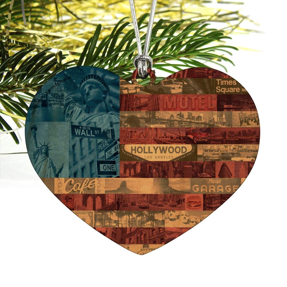 American Flag Patriotic USA Collage Heart Love Wood Christmas Tree Ornament - Perfect for Holiday Decor, Gift Giving & Festive Home Decorations