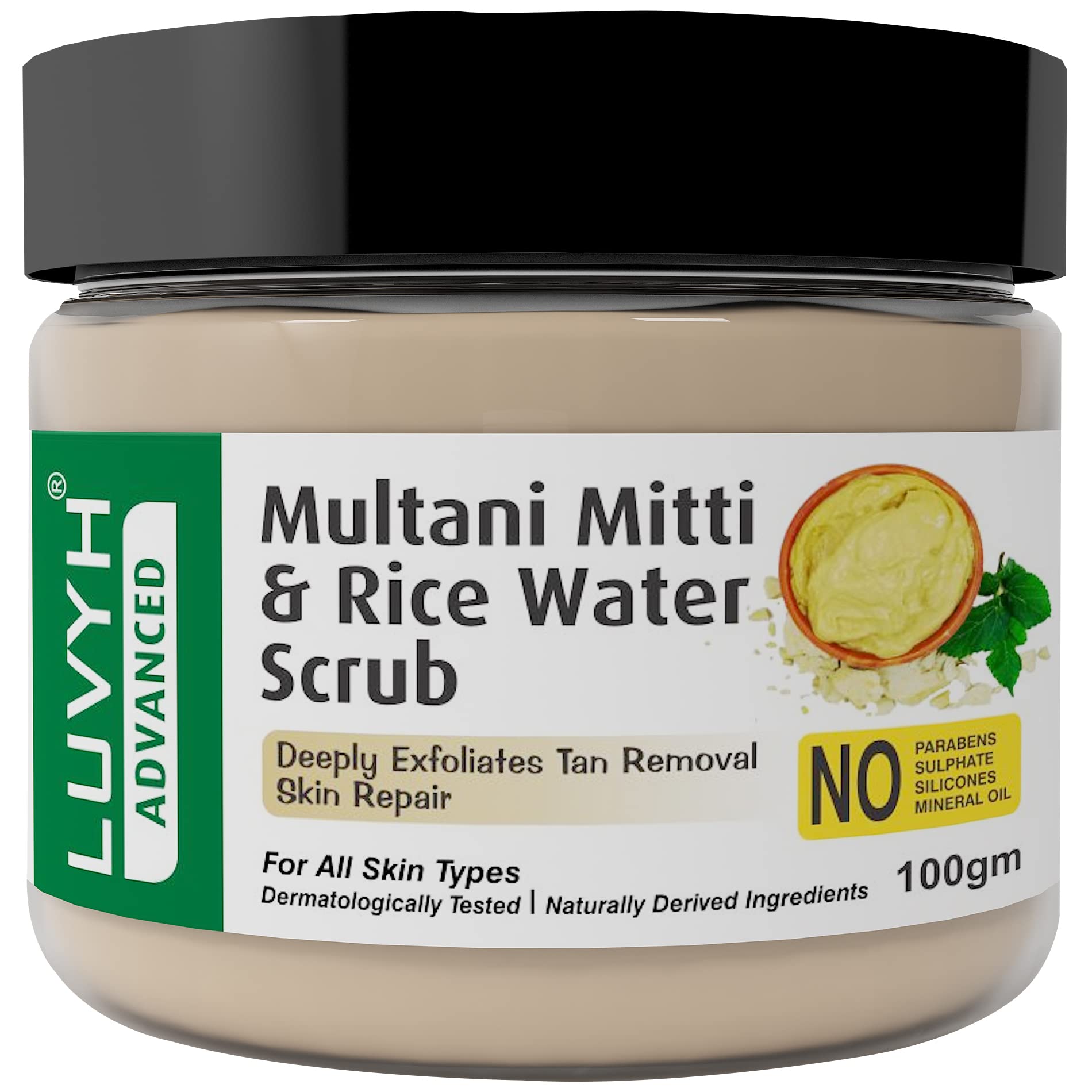 Luvyh Multani Mitti & Rice Water Face Scrub (100g) - Deep Cleansing Exfoliator for Blackhead & Whitehead Removal - All Skin Types - Paraben Free, Sulfate Free, Silicone Free - Natural Skincare for Glowing Complexion - Perfect for Daily Face Cleansing & Acne Treatment