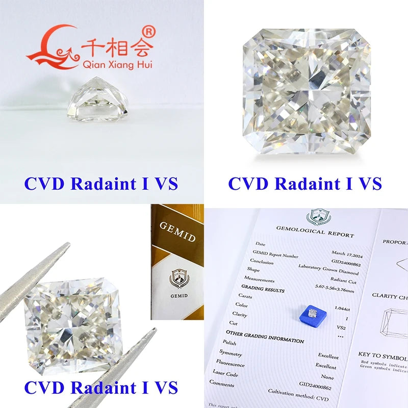 1ct & 2ct Lab Grown CVD Diamond - K White Color VS-SI1 Clarity Radiant Cut | GEMID Certified Loose Stone for Engagement Rings & Jewelry Making