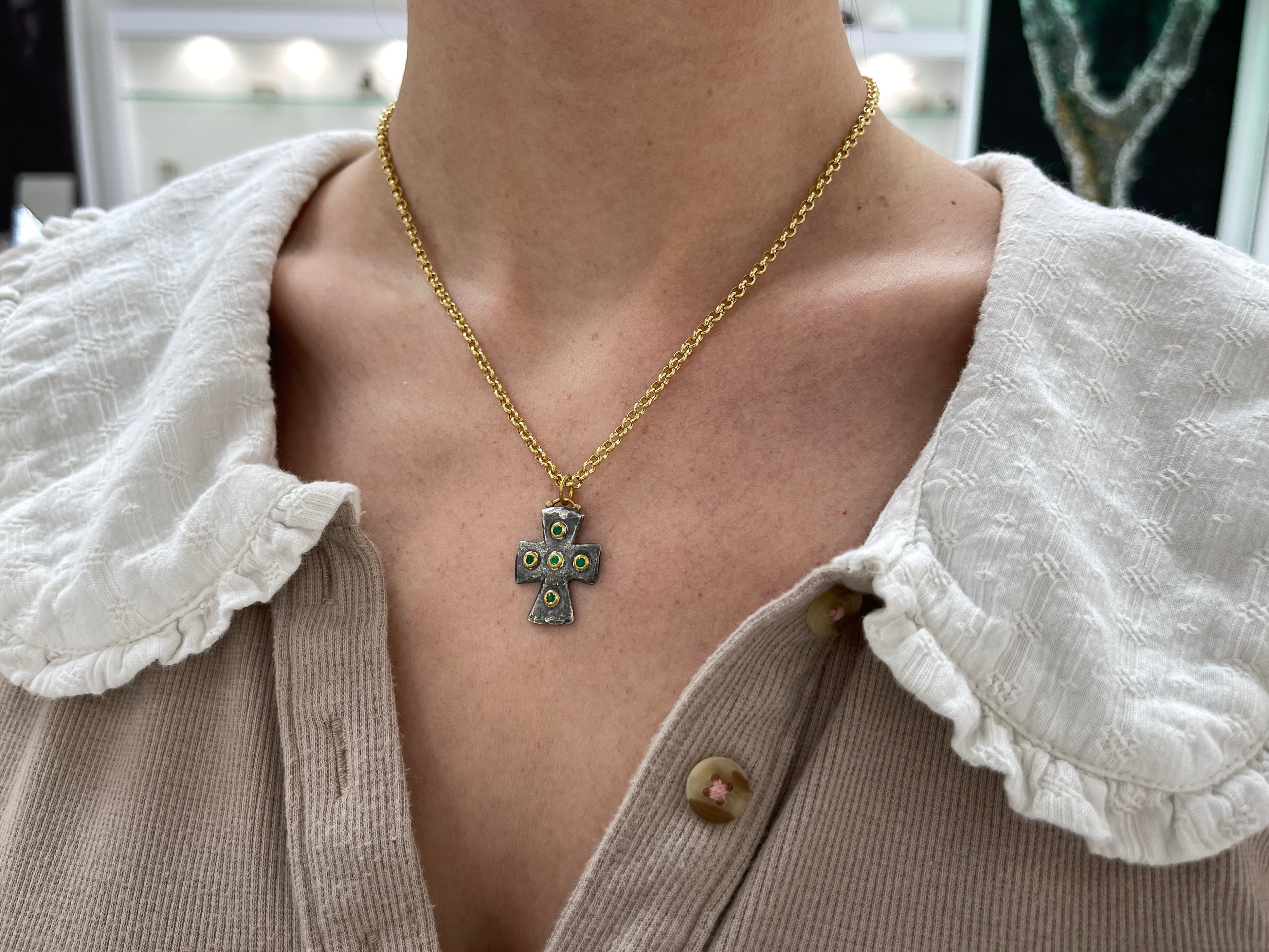 0.18tcw Byzantine 24K Gold & Sterling Silver Emerald Cross Pendant Necklace for Women - Elegant Religious Jewelry Gift for Baptism, First Communion & Christmas