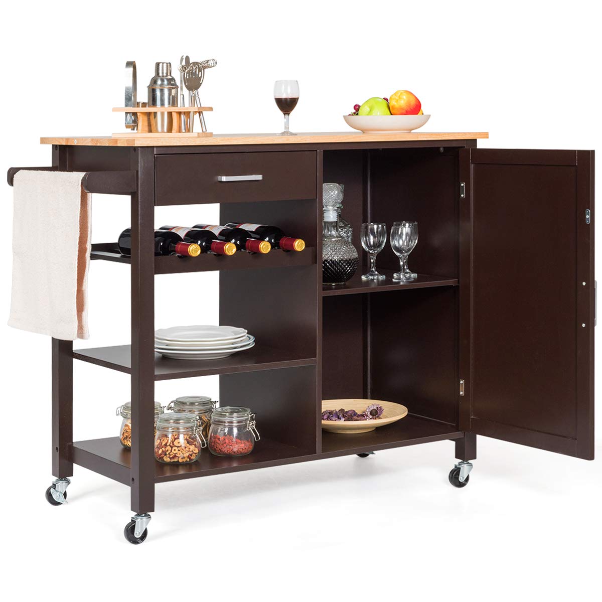 Giantex Kitchen Island Cart with Drawer & Storage Cabinet - Rolling Serving Cart with 4 Wine Bottle Rack, Towel Rack & Lockable Wheels - Wooden Trolley for Kitchen, Dining Room & Bar (Brown)