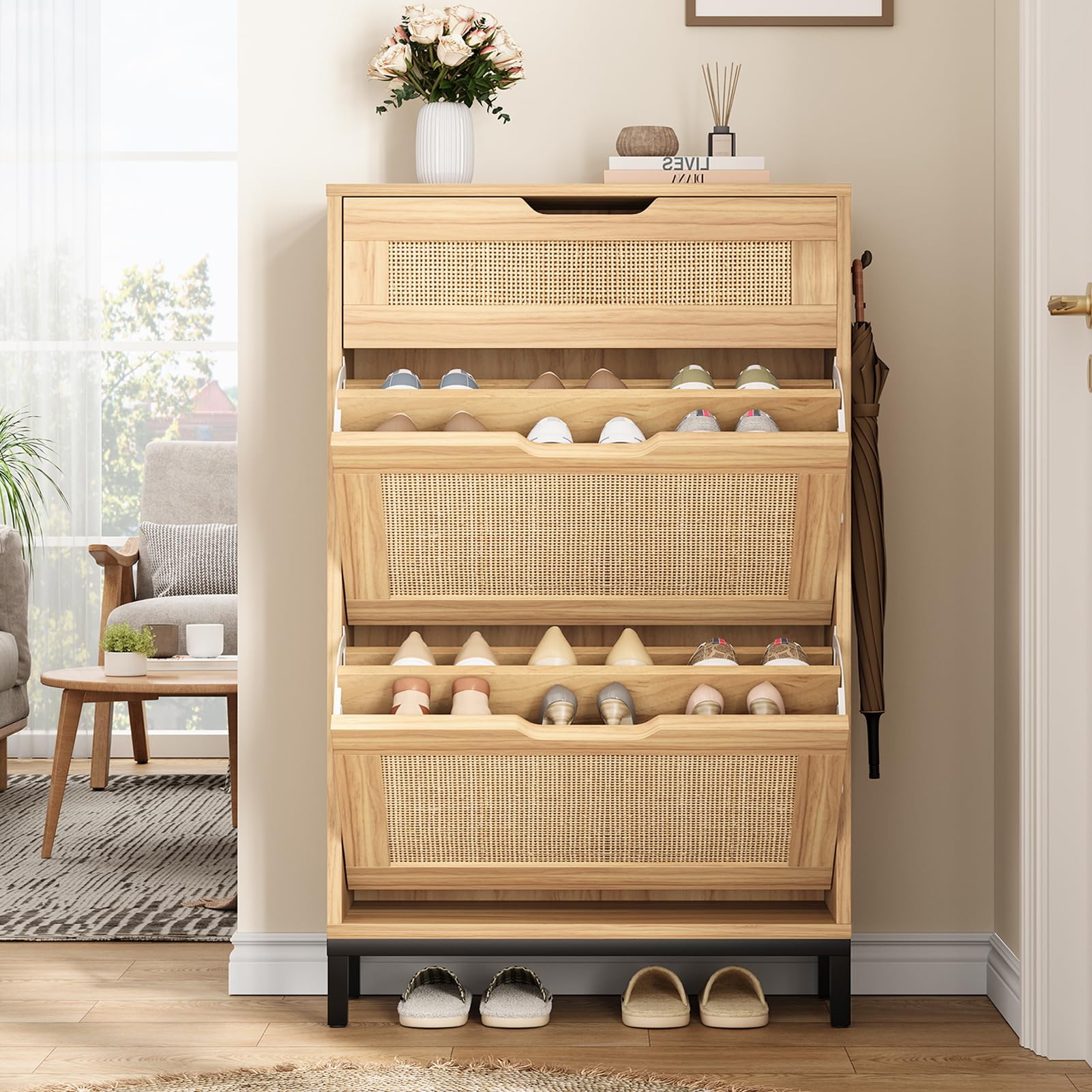 Boho Rattan Shoe Storage Cabinet with 2 Flip Drawers - Narrow Free Standing Wooden Shoe Organizer for Entryway, Hallway & Foyer - Perfect for Small Spaces & Hidden Shoe Storage (Natural Wood)