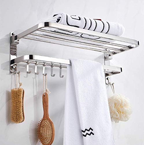 Premium Stainless Steel Towel Rack - Wall Mounted Double Shelf with Hooks for Bathroom Organization - Durable 38cm/48cm Bathroom Storage Solution for Towels, Robes & Accessories - Perfect for Home, Hotel & Spa Decor