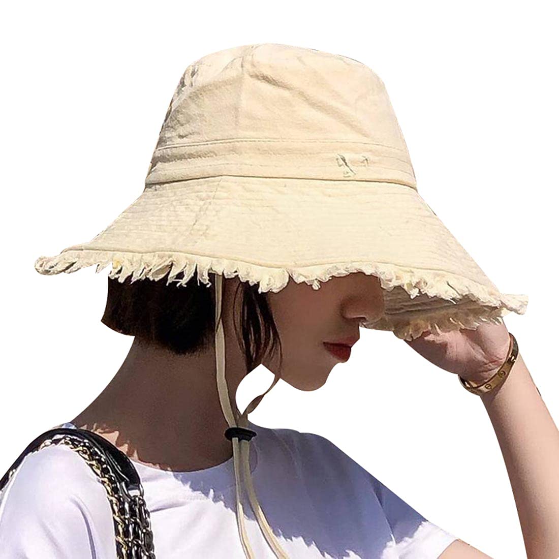 Stylish Women's Frayed Edge Bucket Hat - Cotton Wide Brim Floppy Sun Hat for Summer Beach, Outdoor Travel & Fashion Accessories