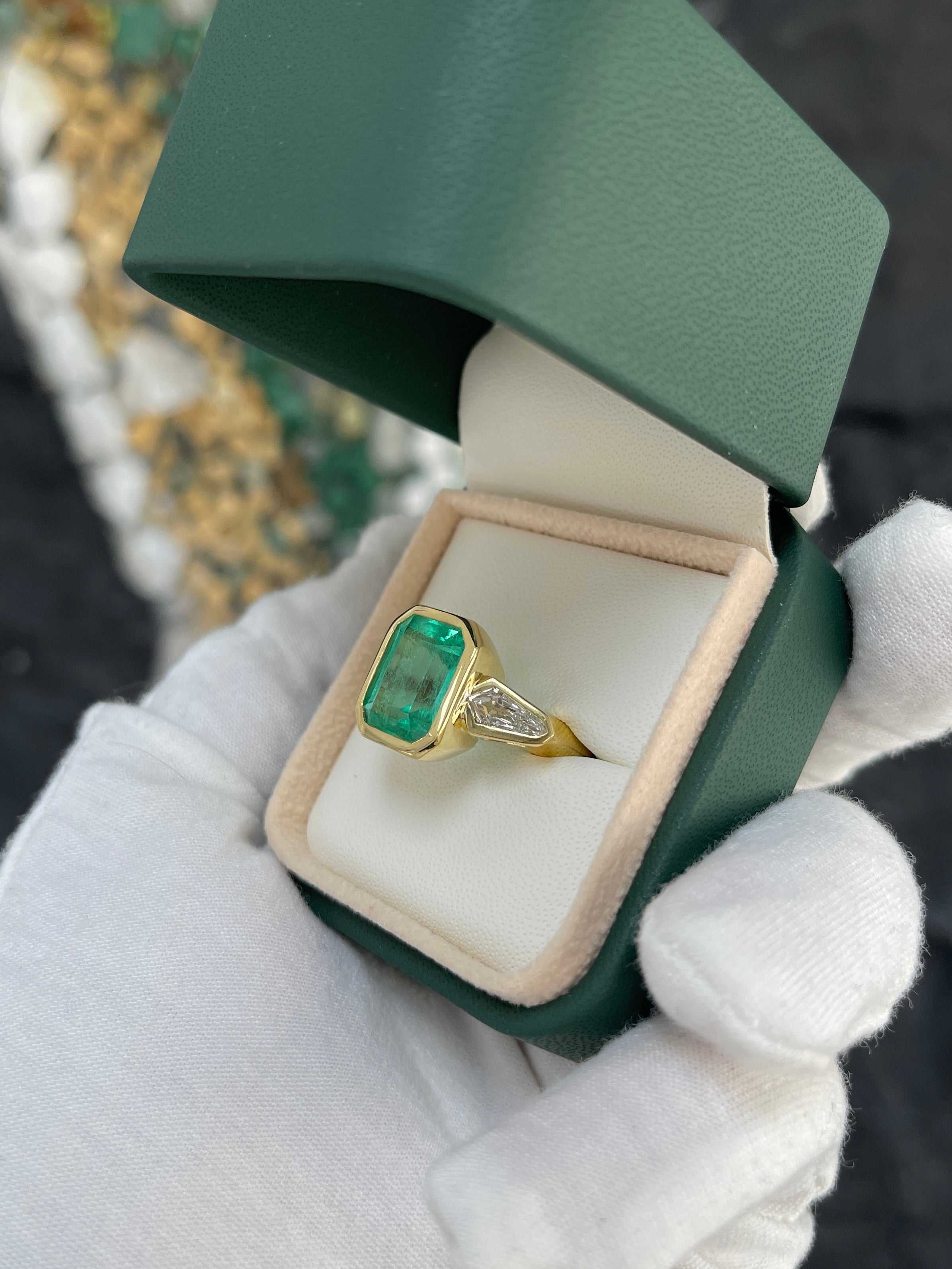 7.49tcw Colombian Emerald & Kite Diamond Three Stone Ring in 18K Gold Bezel Setting - Perfect for Engagement, Anniversary & Special Occasion Jewelry Gifts