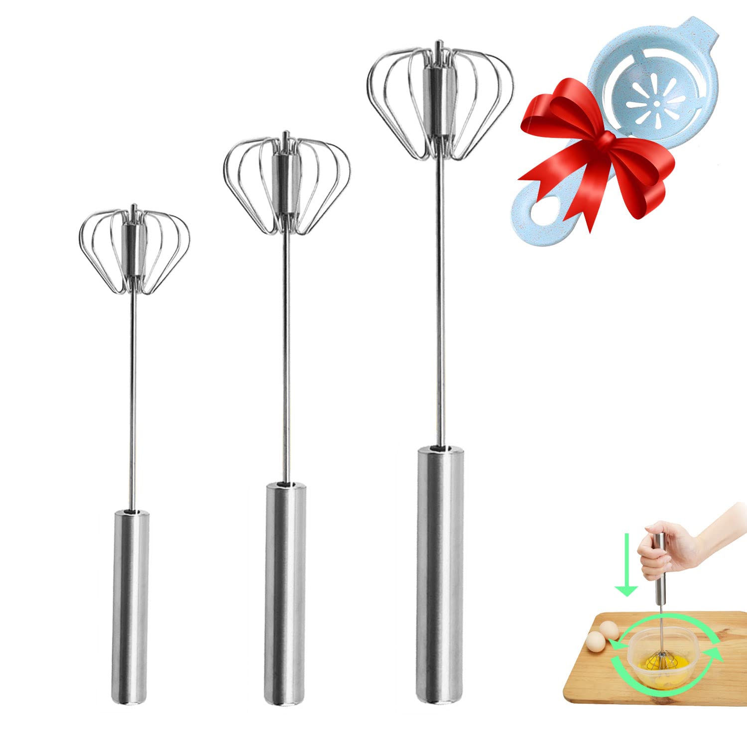 Stainless Steel Hand Push Rotary Whisk - Semi-Automatic Egg Beater for Cream, Baking, Mixing & Whipping - Perfect for Kitchen, Baking & Cooking (Silver)