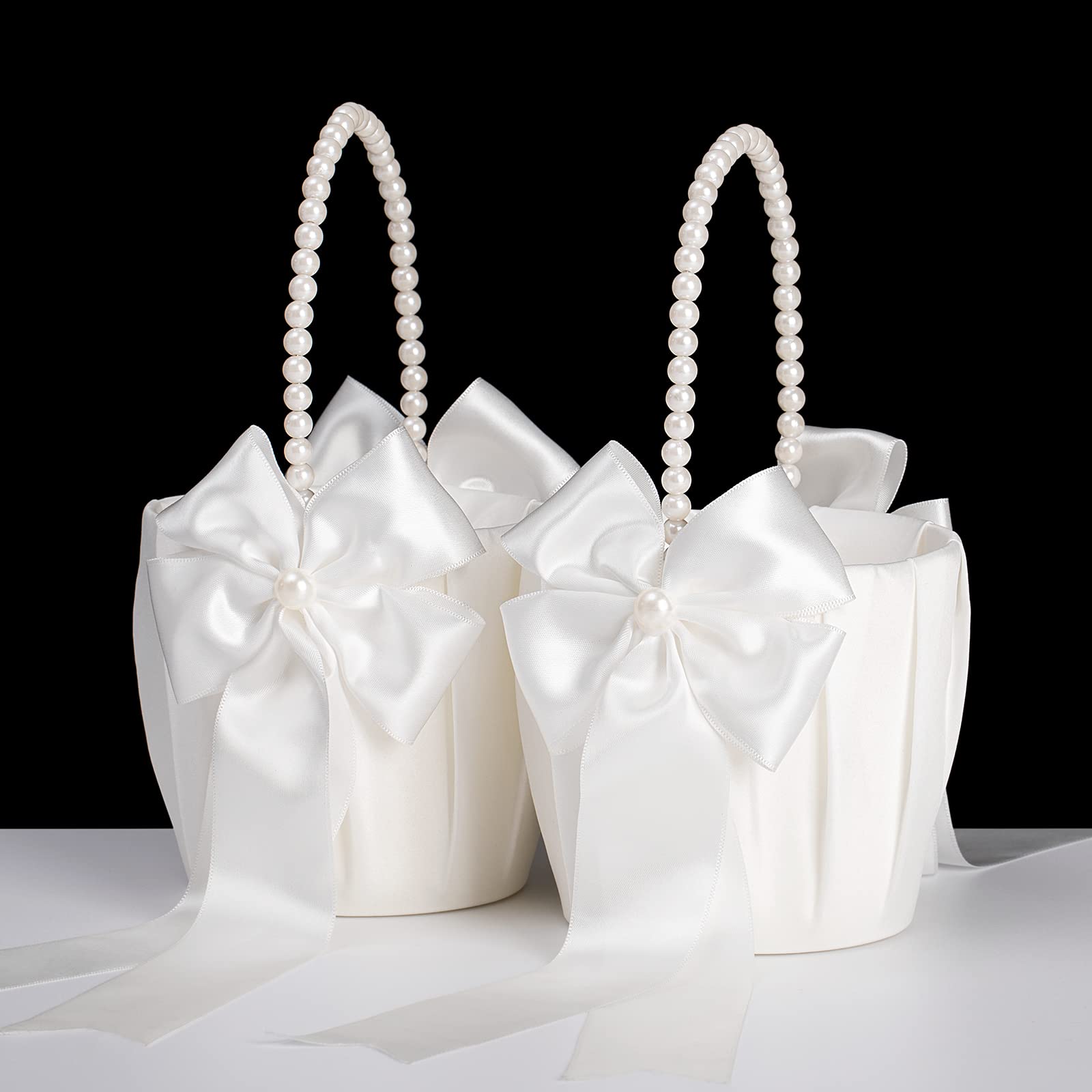 Elegant Ivory Flower Girl Baskets with Pearl Handle - Set of 2 for Wedding Ceremonies | Perfect for Petal Scattering & Bridal Processions