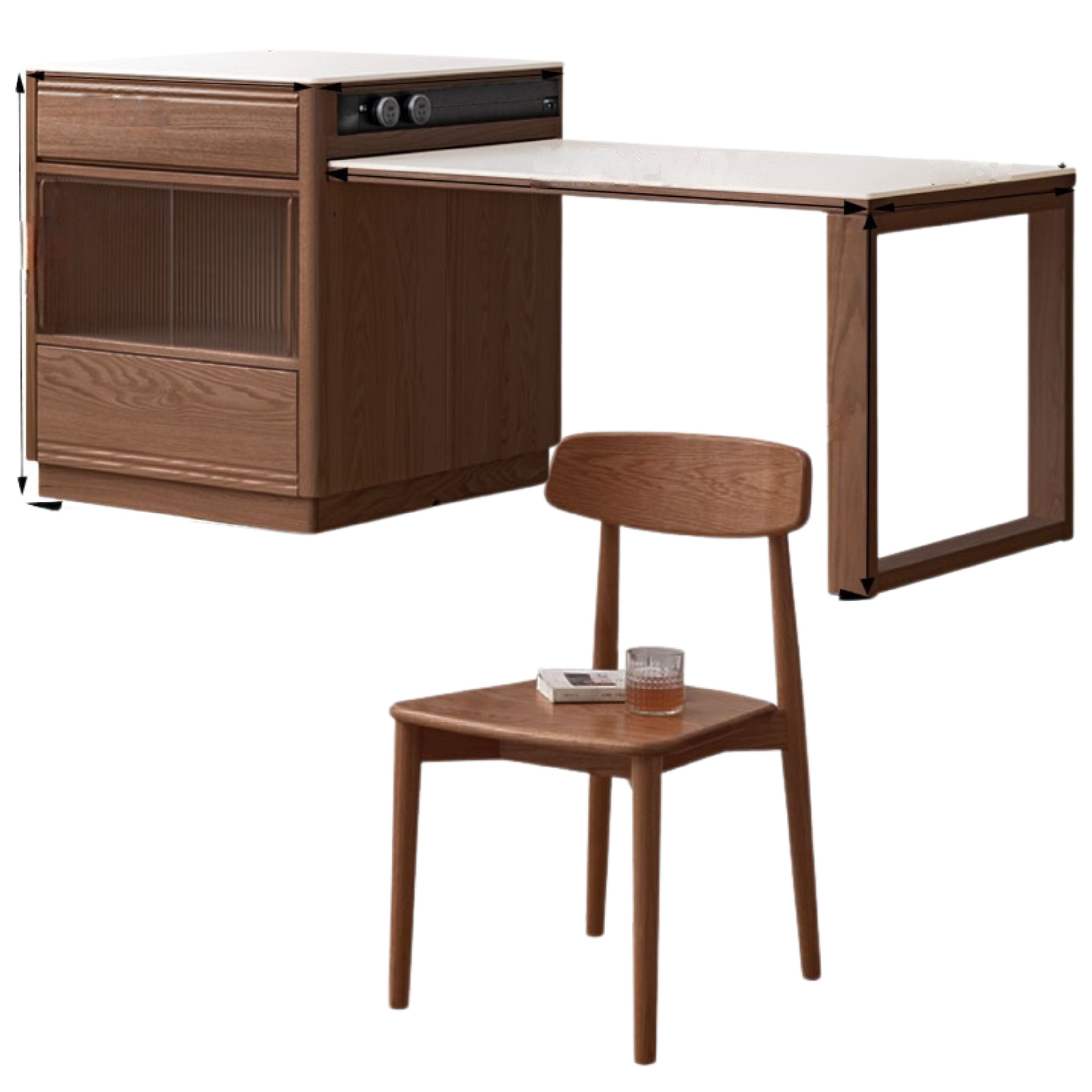Solid Oak Wood Kitchen Island with Extendable Table and Retractable Cutting Board - Perfect for Small Kitchens, Dining, and Food Prep