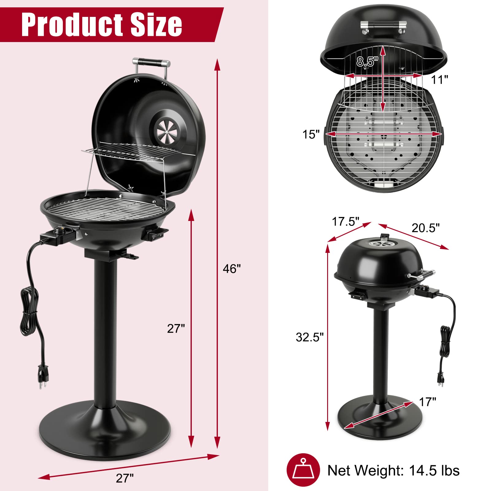 Giantex 1600W Electric BBQ Grill with Removable Non-Stick Grill Rack, Warming Rack & Oil Drip Tray - Adjustable Temperature Portable Outdoor Grill for Camping, Picnics, Tailgating, Backyard & Patio Parties - Black