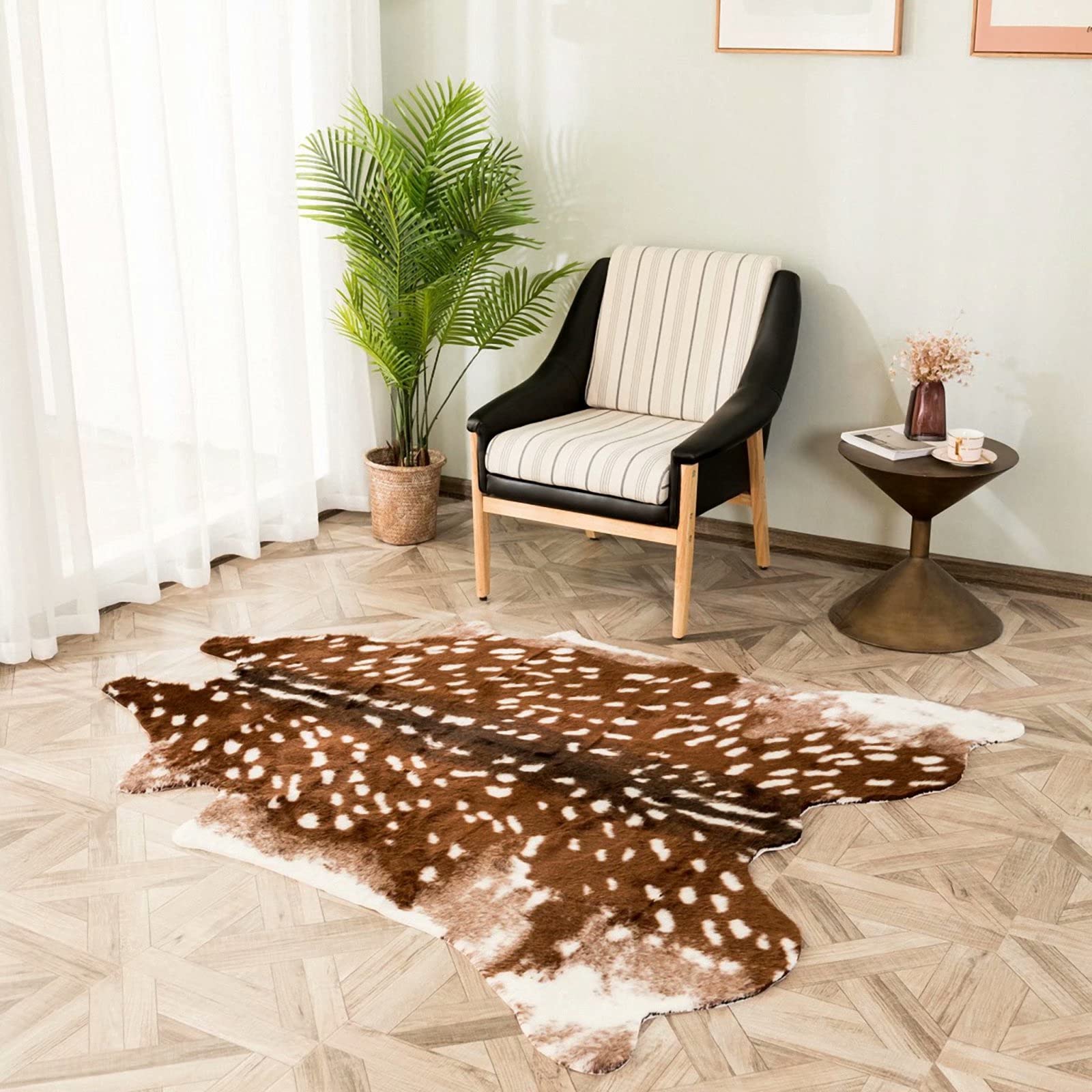 Premium Faux Sika Deer Hide Area Rug 2.5x3.5ft - Soft Animal Print Faux Fur Rug, Realistic Cowhide Pattern Carpet for Living Room, Bedroom, Office - White & Brown Home Decor