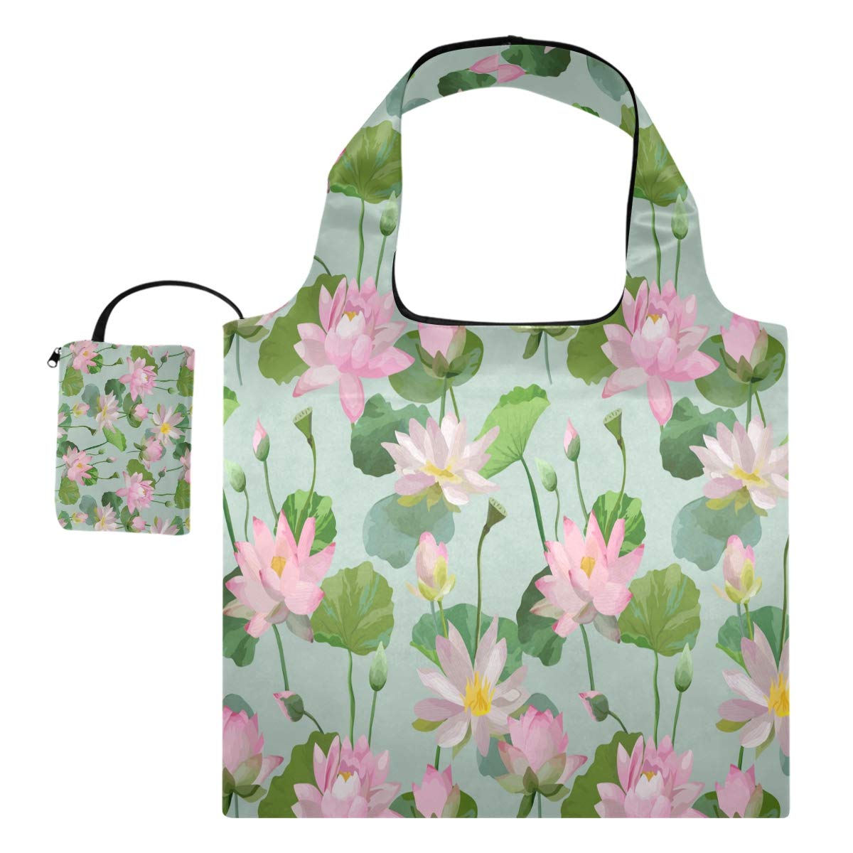 Blueangle Chinese Style Lotus Reusable Grocery Bags - Large Foldable Shopping Tote with Long Handle, Eco-Friendly Produce Bags That Fold into Pouch - Perfect for Farmers Market, Grocery Shopping & Travel