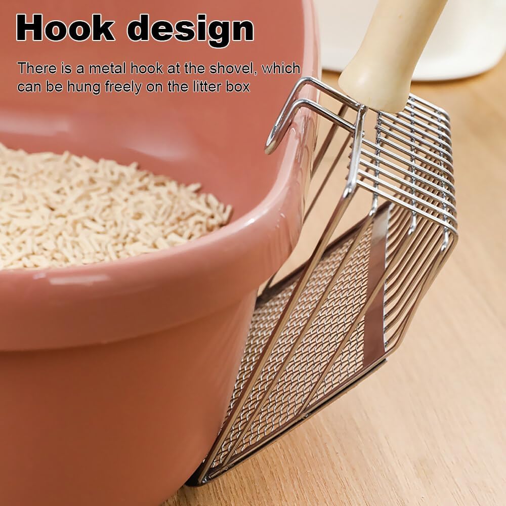 Premium Metal Cat Litter Scoop with Heavy Duty Design & Beech Wood Handle - Durable Litter Box Scooper with Speed Sifter for Quick Cleaning - Perfect for Multi-Cat Homes & Large Litter Boxes