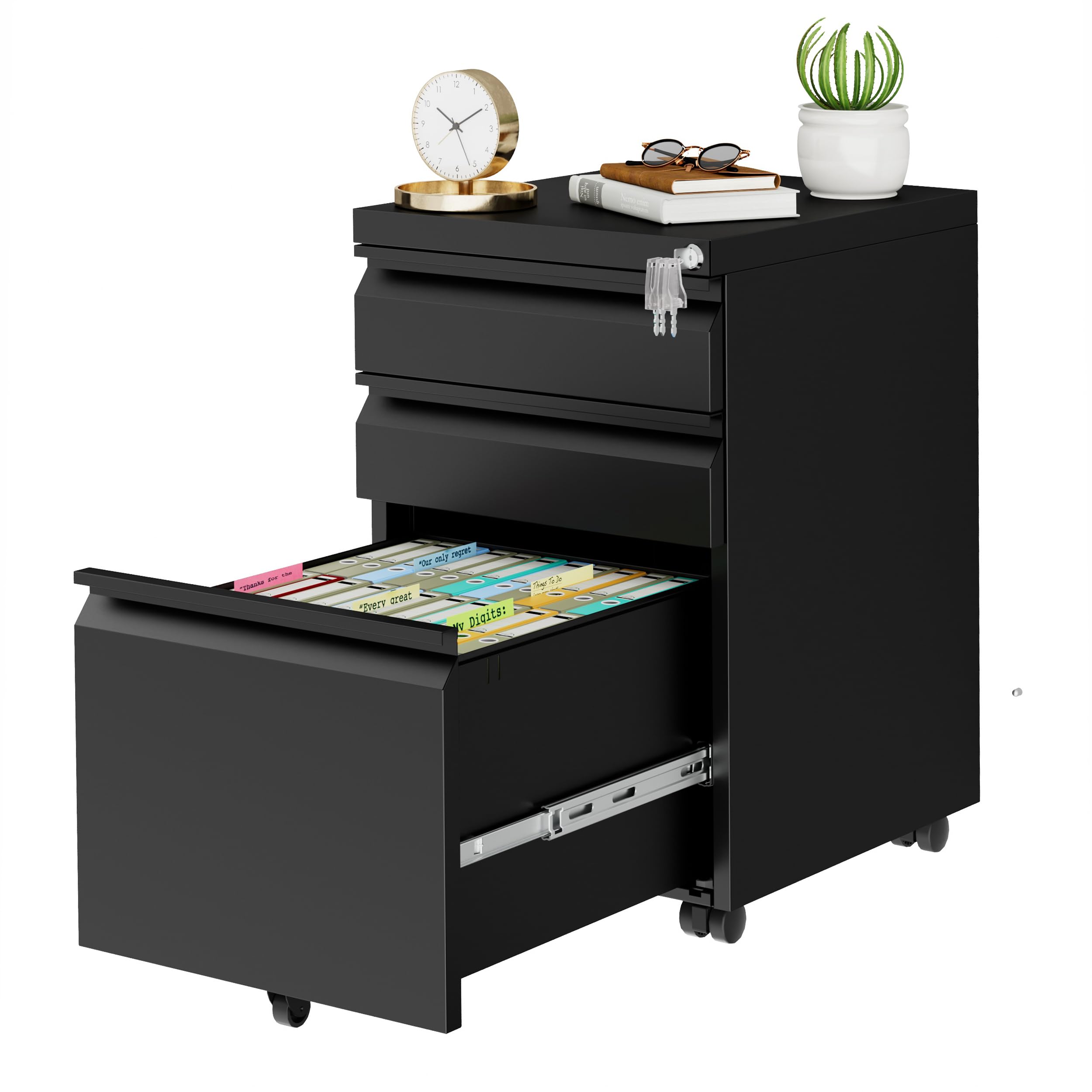 Metal Mobile File Cabinet with Lock & 4 Keys - Fully Assembled 3-Drawer Under Desk Storage for Home Office, Anti-Tilt Wheels, A4/Legal/Letter Hanging Files - Perfect for Document Organization in Small Spaces & Office Mobility
