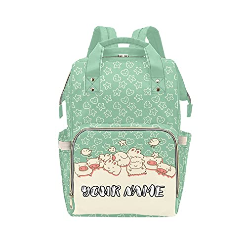 Custom Name Diaper Backpack - Waterproof Large Capacity Baby Bag for Moms, Multi-Functional Travel & Hospital Use - Green Animal Print Design