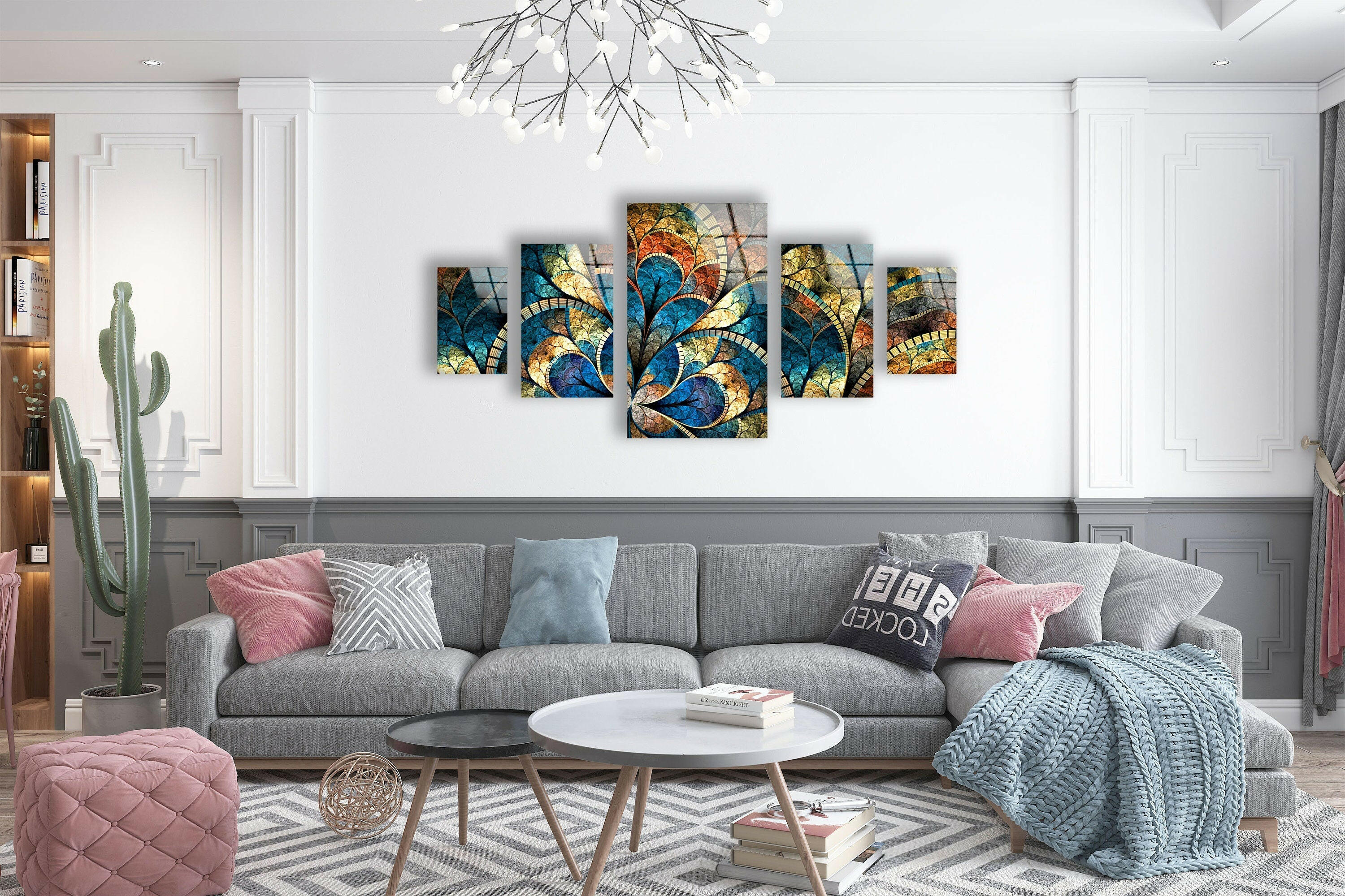 Handmade Blue Stained Floral Glass Wall Art - Elegant Home Decor for Living Room, Bedroom & Office - Perfect Gift for Housewarming & Wedding