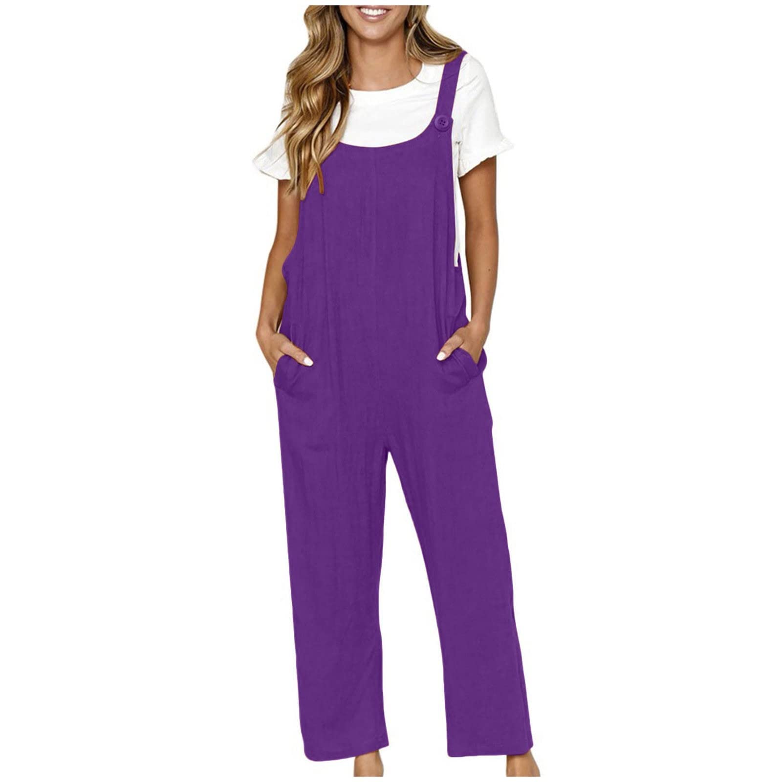 Women's Plus Size Harem Jumpsuit - Summer 2024 Casual Cami Wide Leg Romper with Pockets | Cotton Linen Blend | Loose Fit Solid Color Overalls (Purple, Size S) | Perfect for Beach Outings, Music Festivals & Boho Chic Style