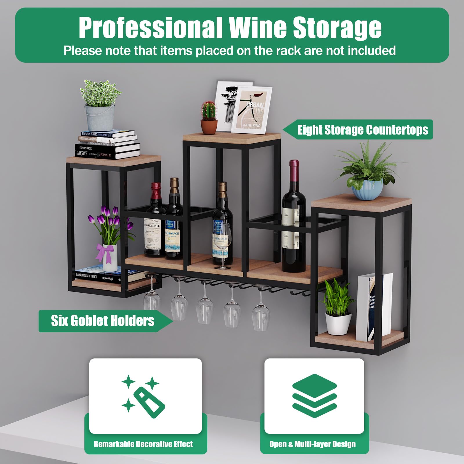 Metal & Wood Wall Mounted Wine Bottle Rack - Multi-Functional Wine Storage Display with Glass Holder for Home, Kitchen & Bar - Perfect for Organizing Wine Collections & Entertaining Guests