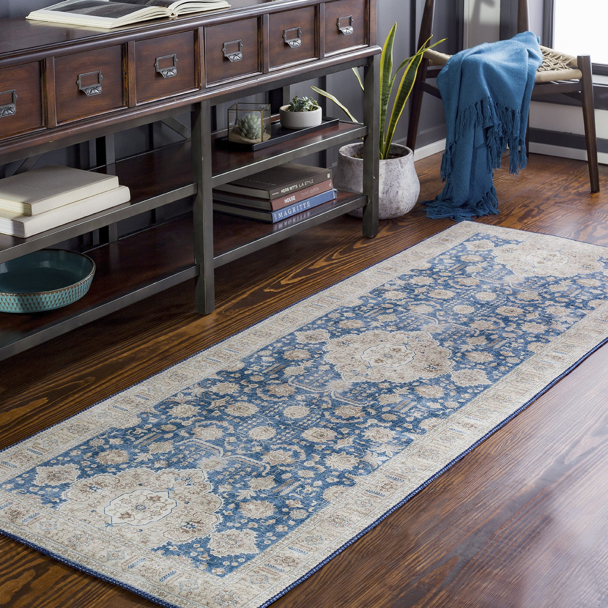 Mark&Day Traditional Loeswijk Runner Rug 2x8 Feet - Medium Gray with Blue Cream White Design for Hallway, Bedroom, Kitchen - Non-Slip Soft Carpet (2'6