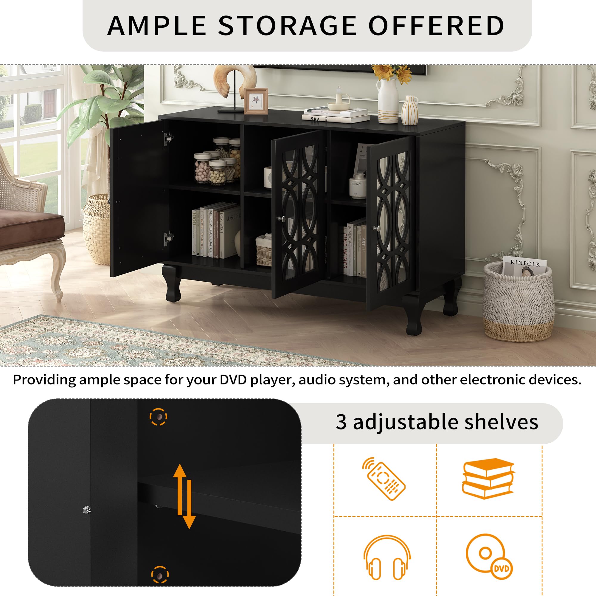 Knocbel 55 Inch TV Stand with Mirror Finish - Modern Entertainment Center with 3 Storage Cabinets, Adjustable Shelves, Solid Wood Legs & Metal Handles (47.2