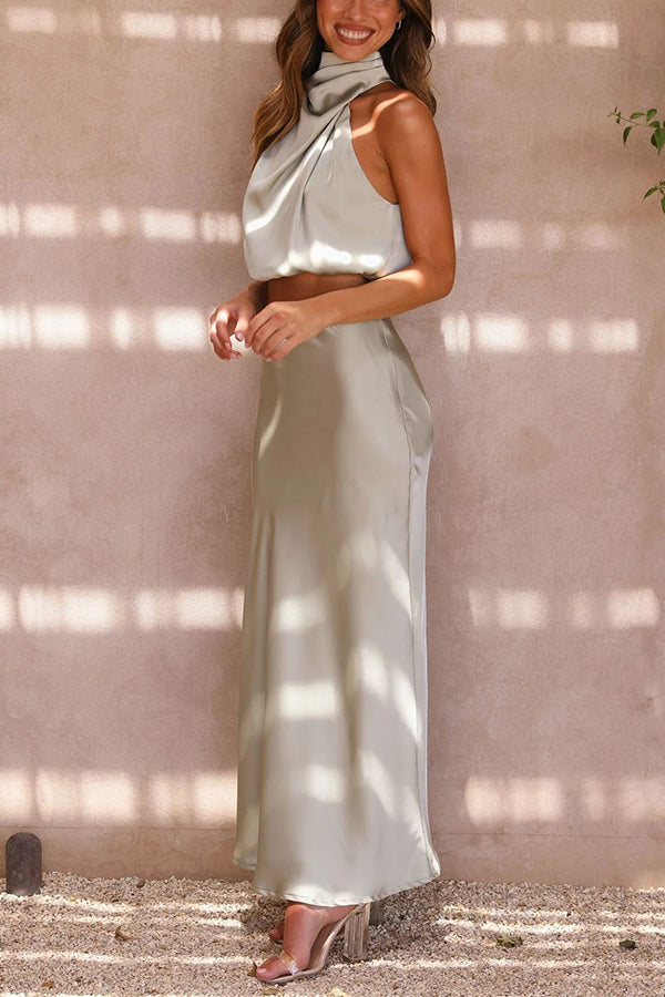 Such A Vibe Women's High Neck Satin Drape Maxi Skirt Set - Elegant Evening Dress for Parties, Weddings & Special Occasions