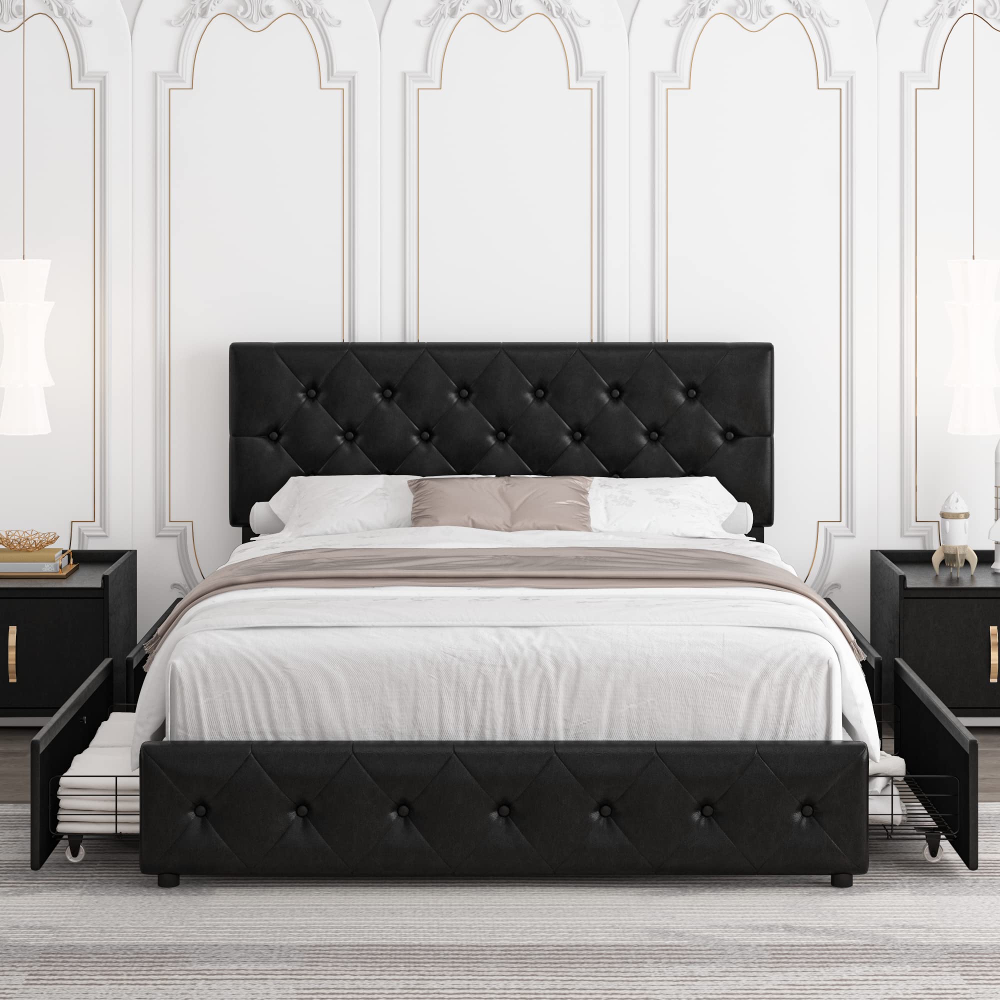 Queen Size Bed Frame with Underbed Storage Drawers - Sturdy Platform Bed for Small Spaces & Guest Rooms, Perfect for Apartments & Dorm Rooms
