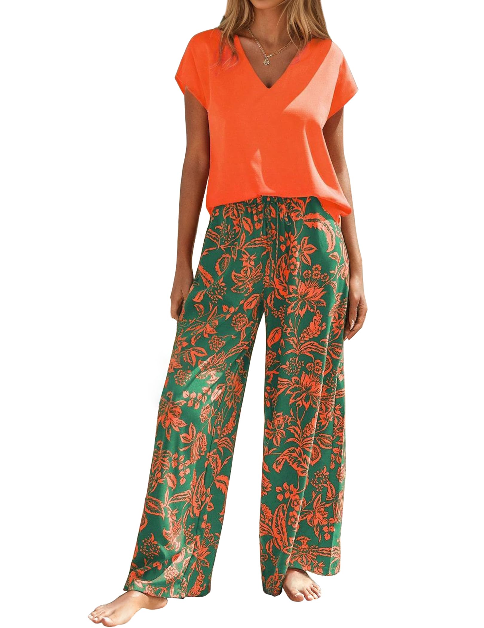 Andeip Women's Pajama Sets - Soft Short Sleeve Top & Comfy Long Pants 2-Piece Loungewear Set for Sleepwear, Lounge Wear & Home Relaxation