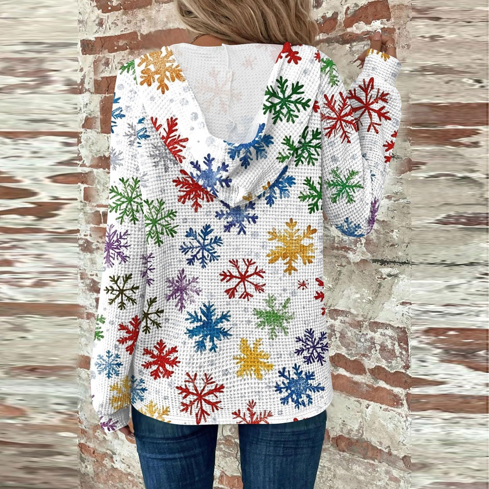 Cozy Women's Christmas Waffle Knit Hoodie - Long Sleeve V-Neck Pullover Sweatshirt with Drawstring | Holiday Party, Family Gathering & Winter Outfit Essential
