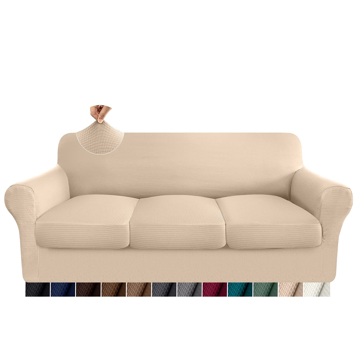 Granbest 4-Piece Stretch Sofa Cover Set with 3 Seat Cushion Covers - Waffle Knit Thick Furniture Protector for 3-Cushion Couches - Pet-Friendly, Non-Slip Couch Slipcover (Large, Beige) - Perfect for Living Room, Family Room & Pet Owners